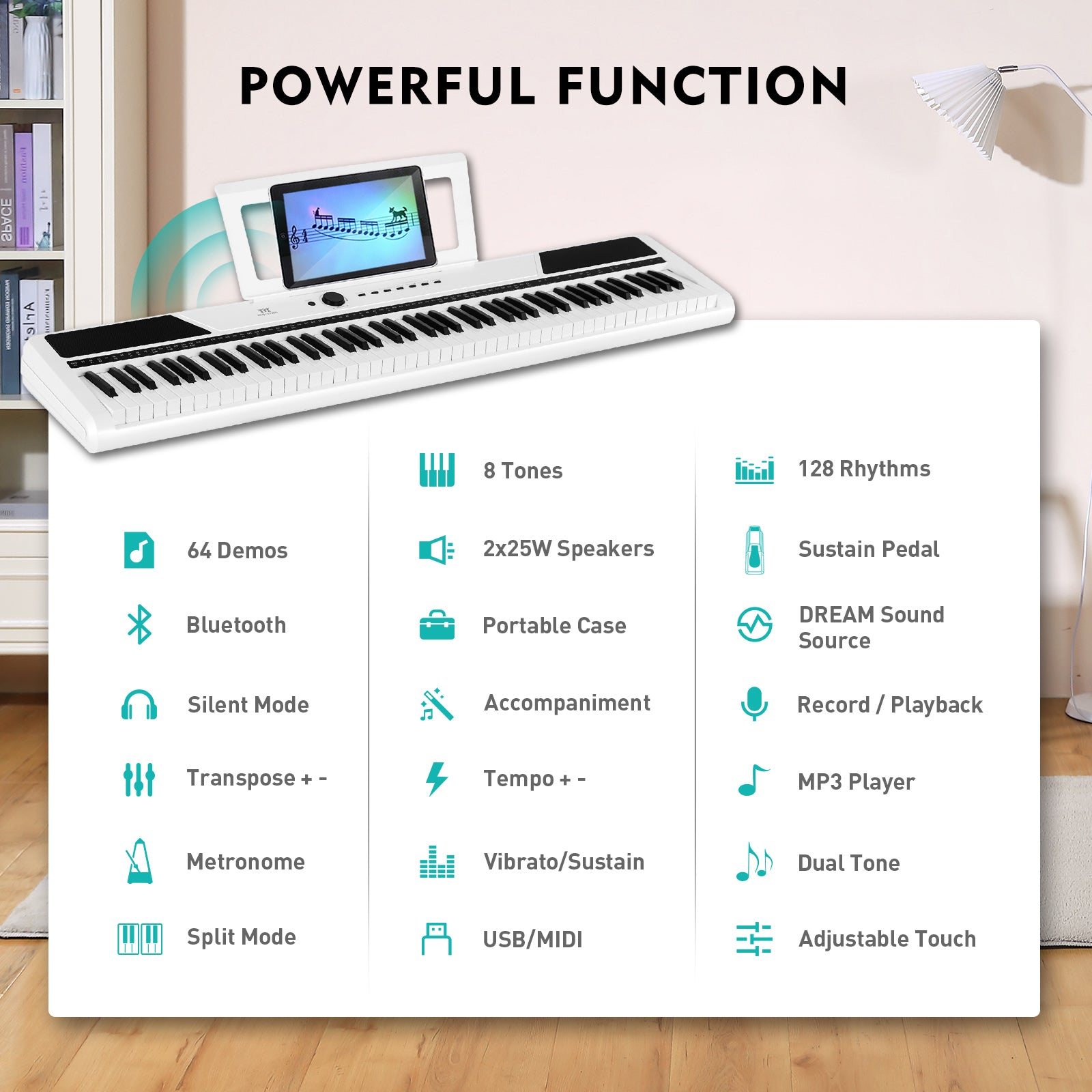 MUSTAR MEP-1400, 88 keys Digital Piano, Semi Weighted Keyboard Piano, Electronic Keyboards for Beginners, Sustain Pedal, USB/MIDI/Bluetooth, ABS, 128 Rhythms, 2 built-in 25W Stereo Speakers, White