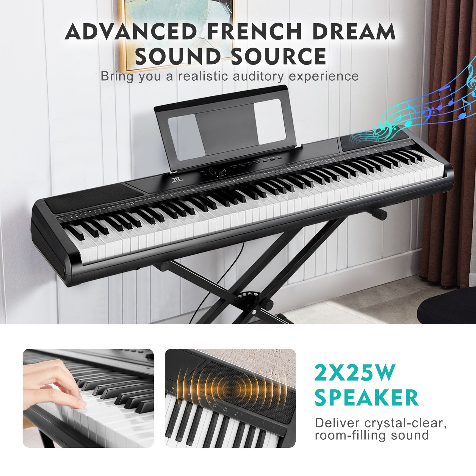 MUSTAR MEP-1100, 88 keys Digital Piano, Semi Weighted Keyboard Piano, Electronic Keyboards for Beginners, Sustain Pedal, USB/MIDI/Bluetooth, ABS, 128 Rhythms, 2 built-in 25W Stereo Speakers, Black