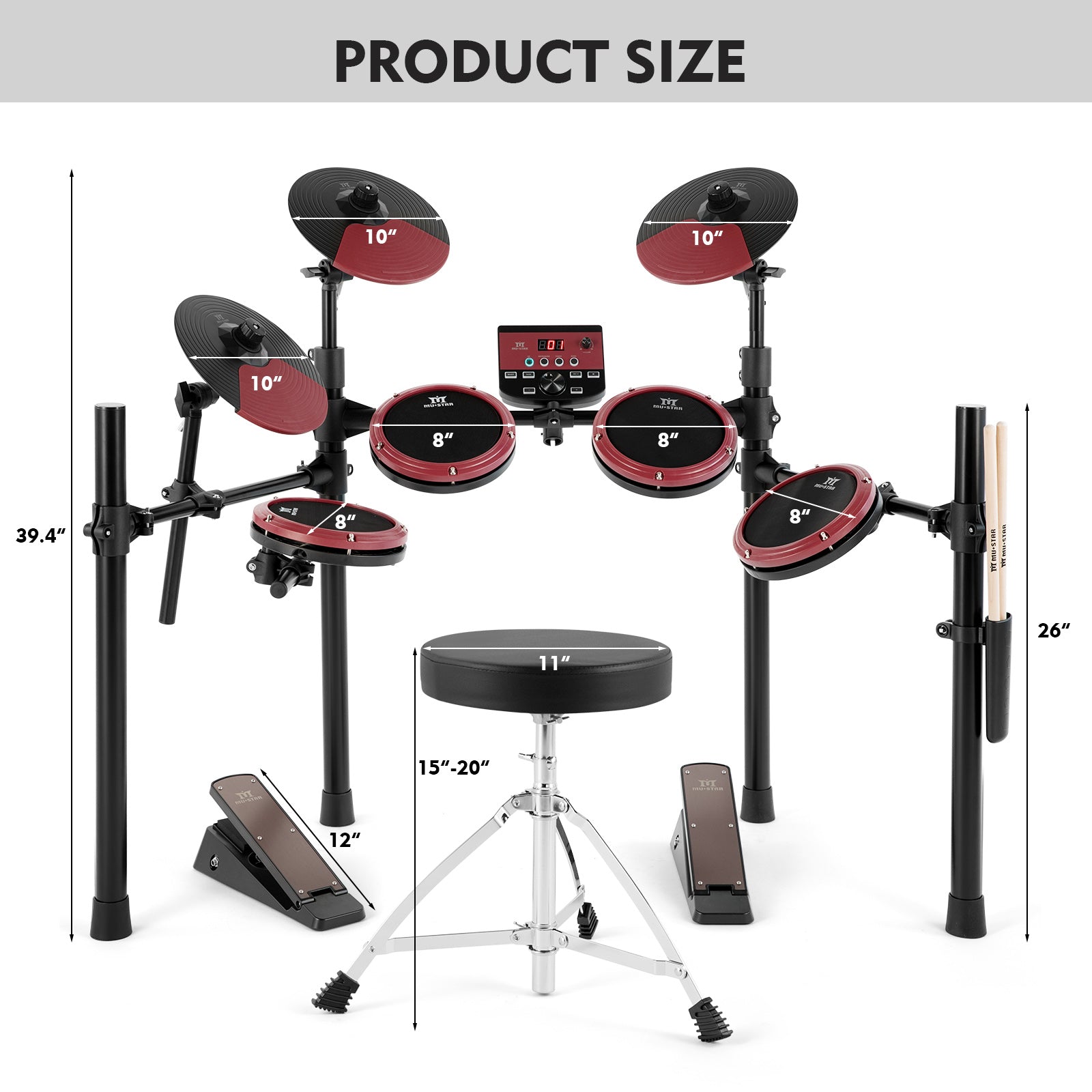 MUSTAR MED-200, Electronic Drum Set, 180 Sounds, 15 Kits, For Kids, Birthday Gift