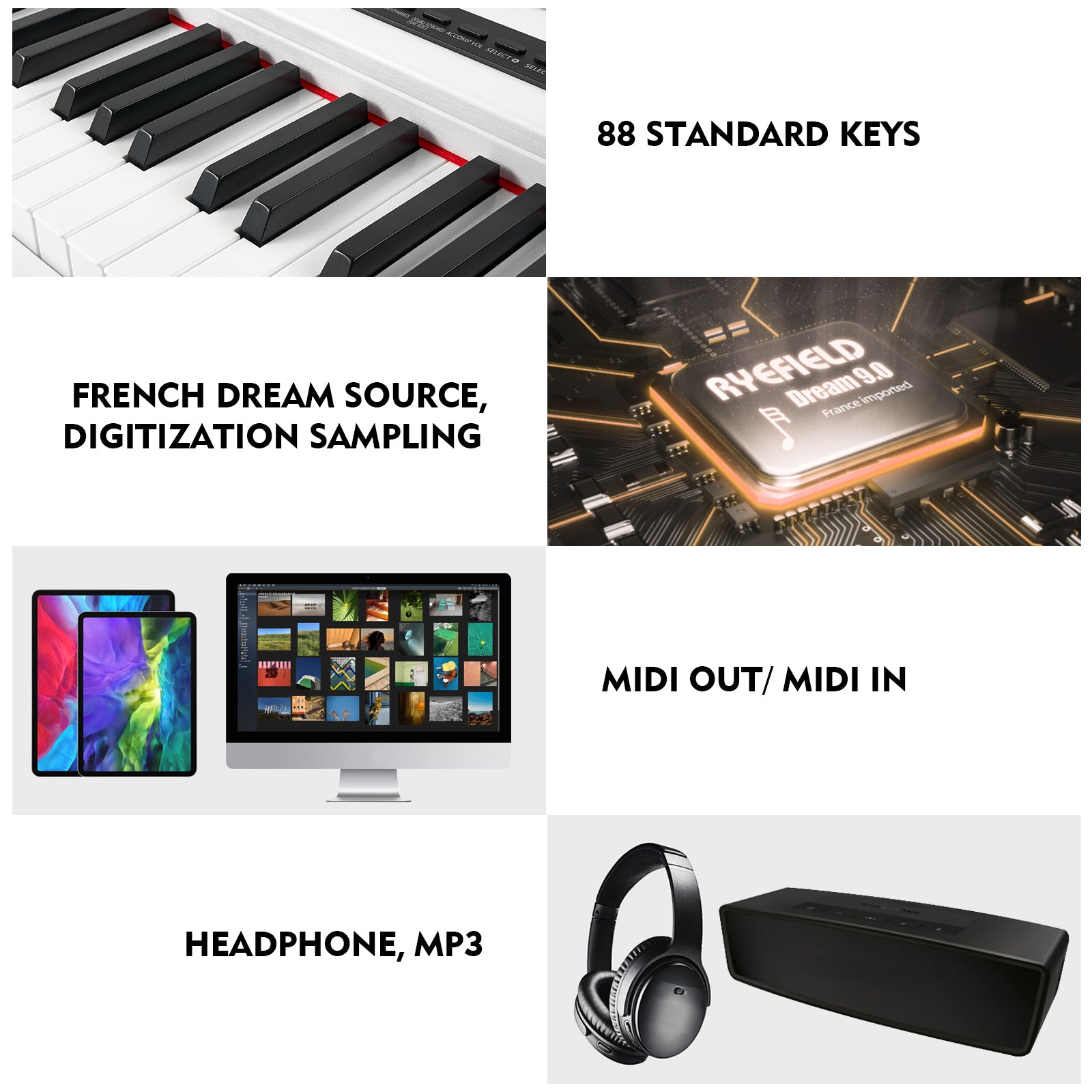 88 Key Weighted Digital Piano, MUSTAR MDP-1300, Wooden Electronic Keyboards, Hammer Action, Bluetooth Connection, MIDI, Sustain Pedal, 80 demo 600 rhythms 800 tones, 2×20W stereo speakers, White
