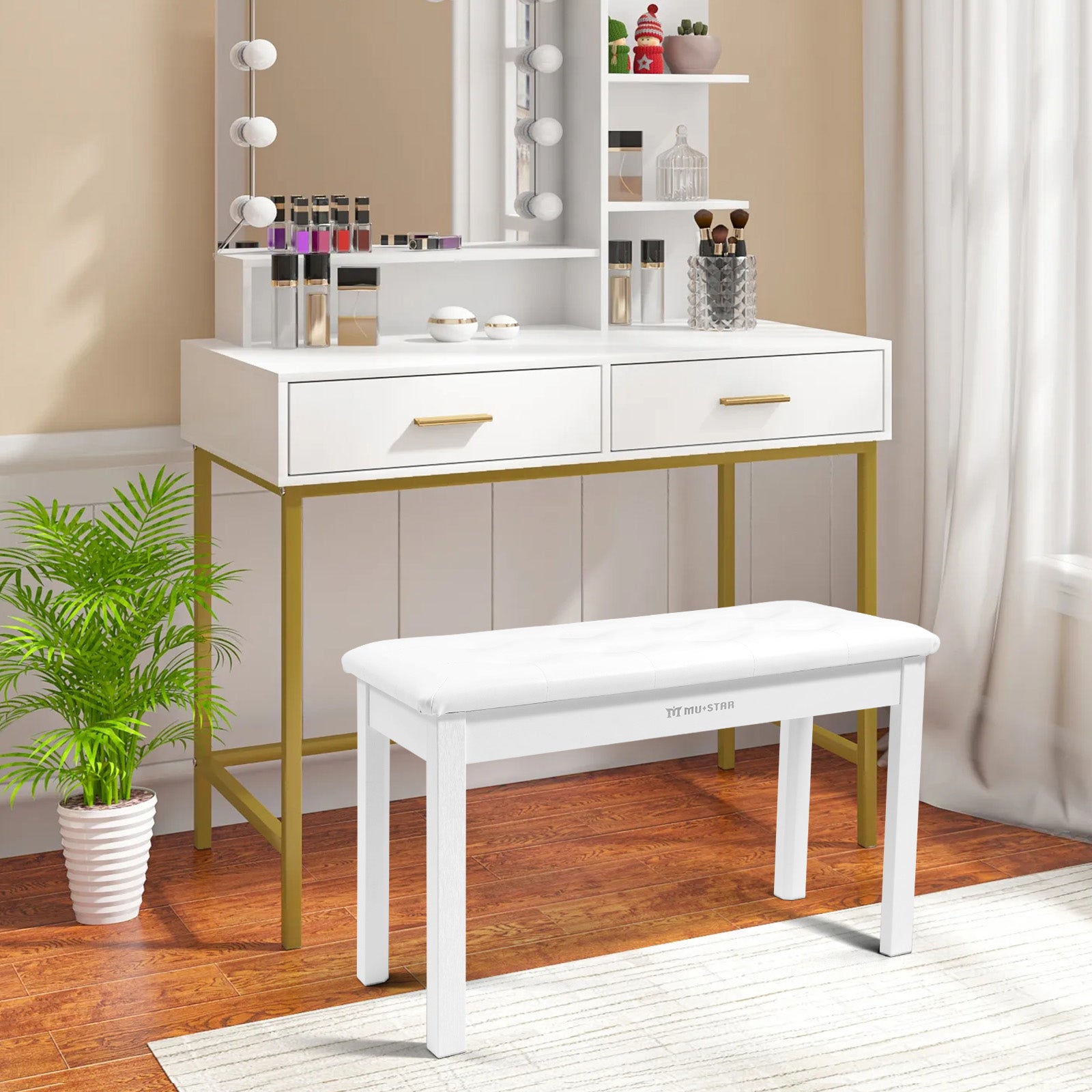 MUSTAR MS-200, Wooden Piano Bench, Padded Piano Stool with Storage, White