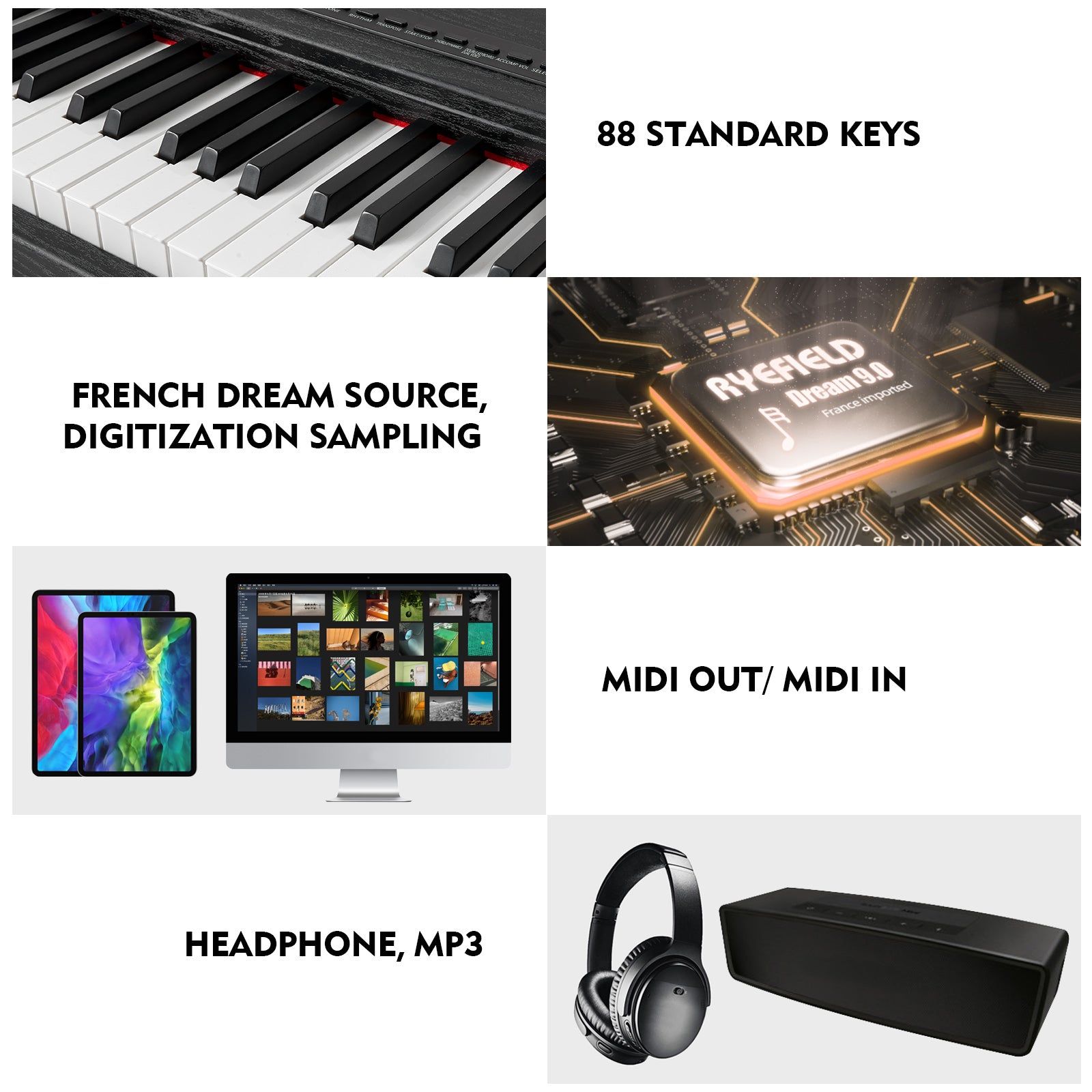 MUSTAR MDP-1200, 88 Key Weighted Digital Piano, Wooden Electronic Keyboards, Hammer Action, Bluetooth Connection, MIDI, Sustain Pedal, 80 demo 600 rhythms 800 tones, Black