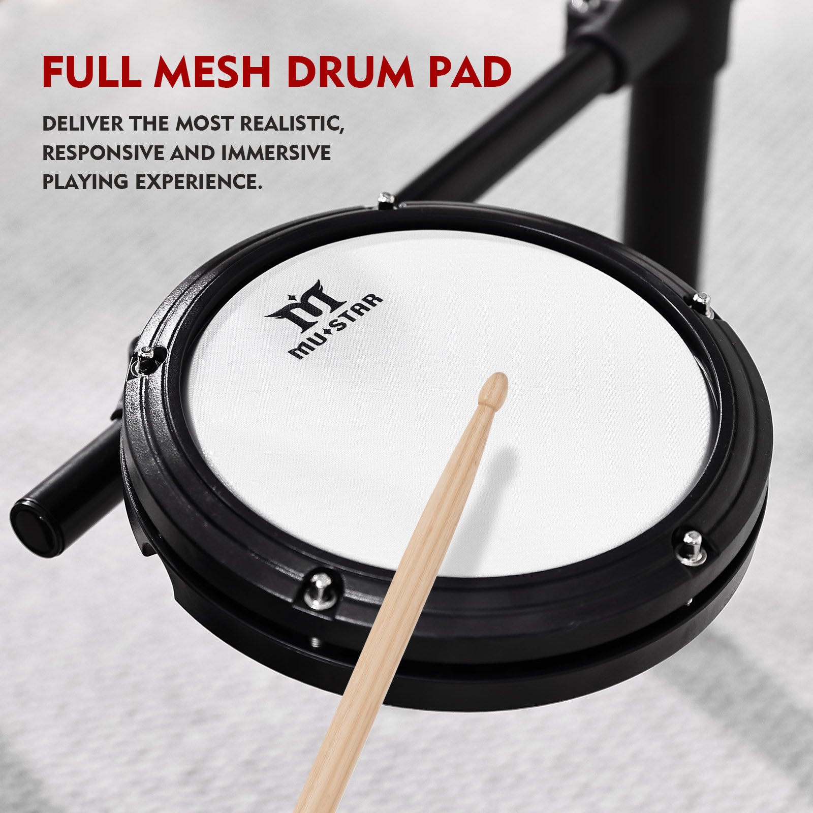 MUSTAR MED-400, MUSTAR Electronic Drum Set, Electric Drum Sets for Beginners with Mesh Drum Pads, 10" Cymbals, 2 Pedals, Drum Stool, Headphones, Sticks, USB MIDI Connectivity