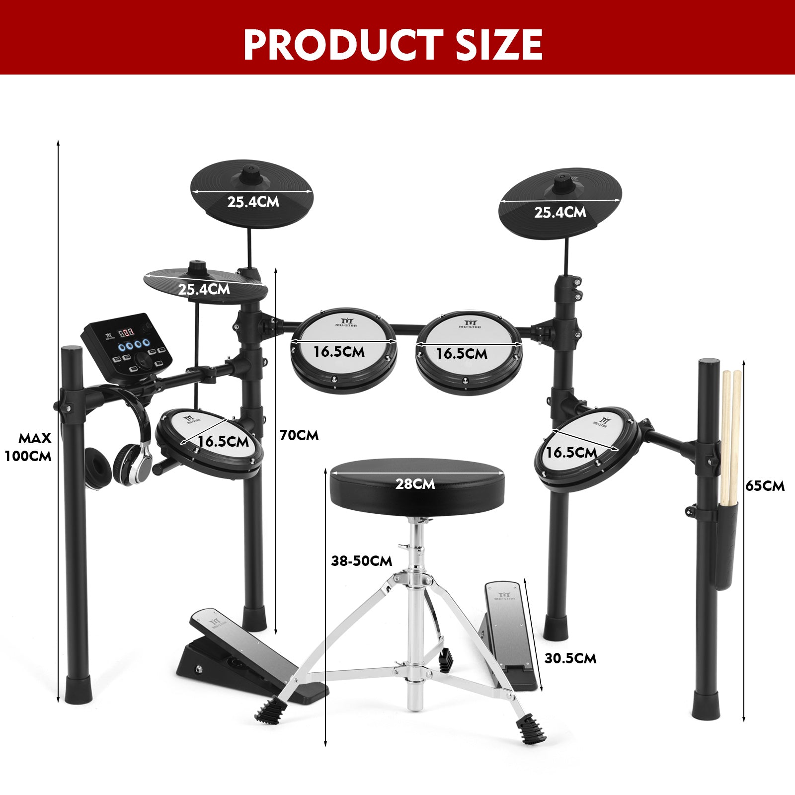 MUSTAR MED-400, MUSTAR Electronic Drum Set, Electric Drum Sets for Beginners with Mesh Drum Pads, 10" Cymbals, 2 Pedals, Drum Stool, Headphones, Sticks, USB MIDI Connectivity