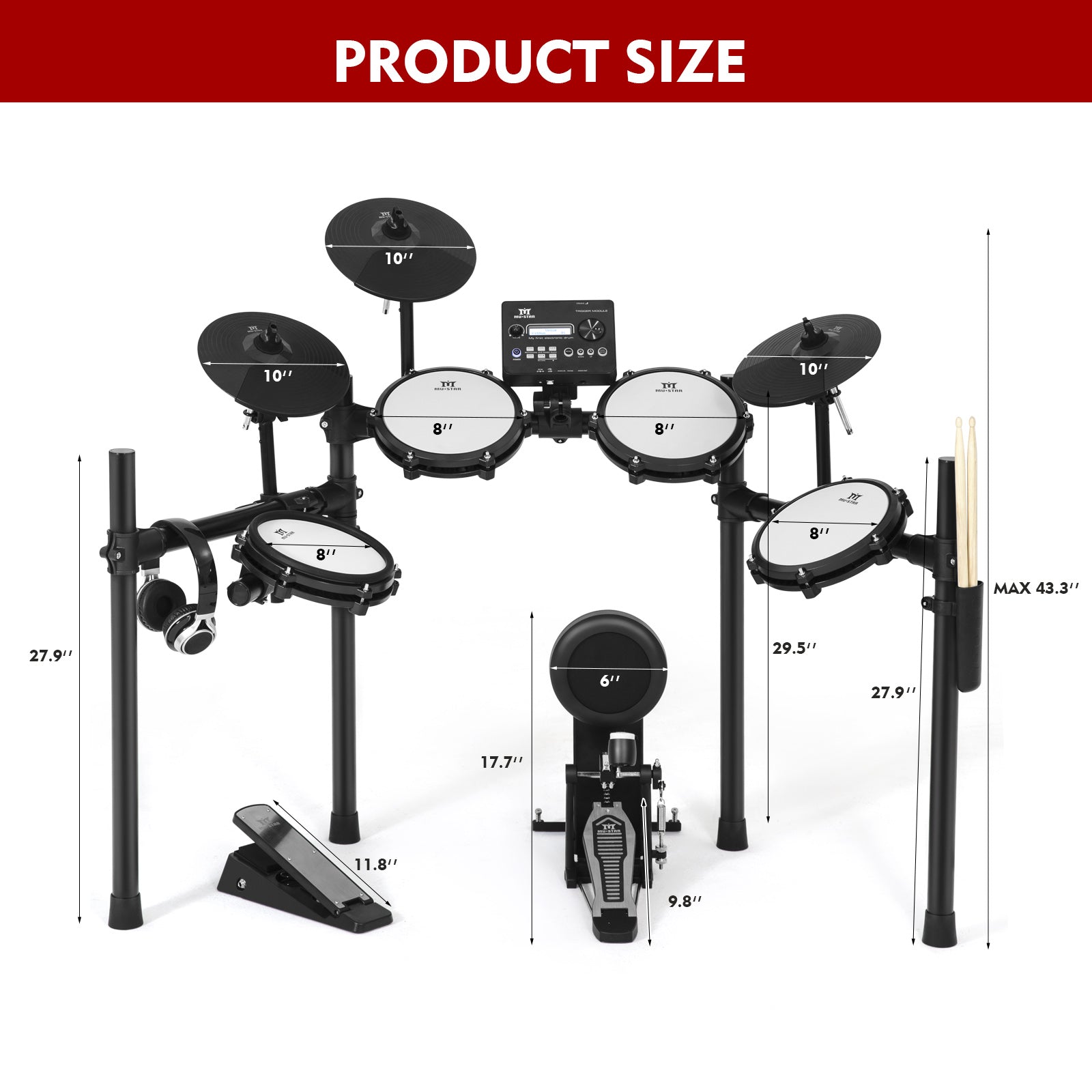 MUSTAR MED-300, 8 Pieces Electronic Drum Set for Adults Kids Beginners, With 450 Sounds, Quiet Mesh Drum Pads, 2 Cymbals w/Choke, Kick Drum, 2 Pedals, Headphones, Sticks, USB MIDI, 30 Drum Kits