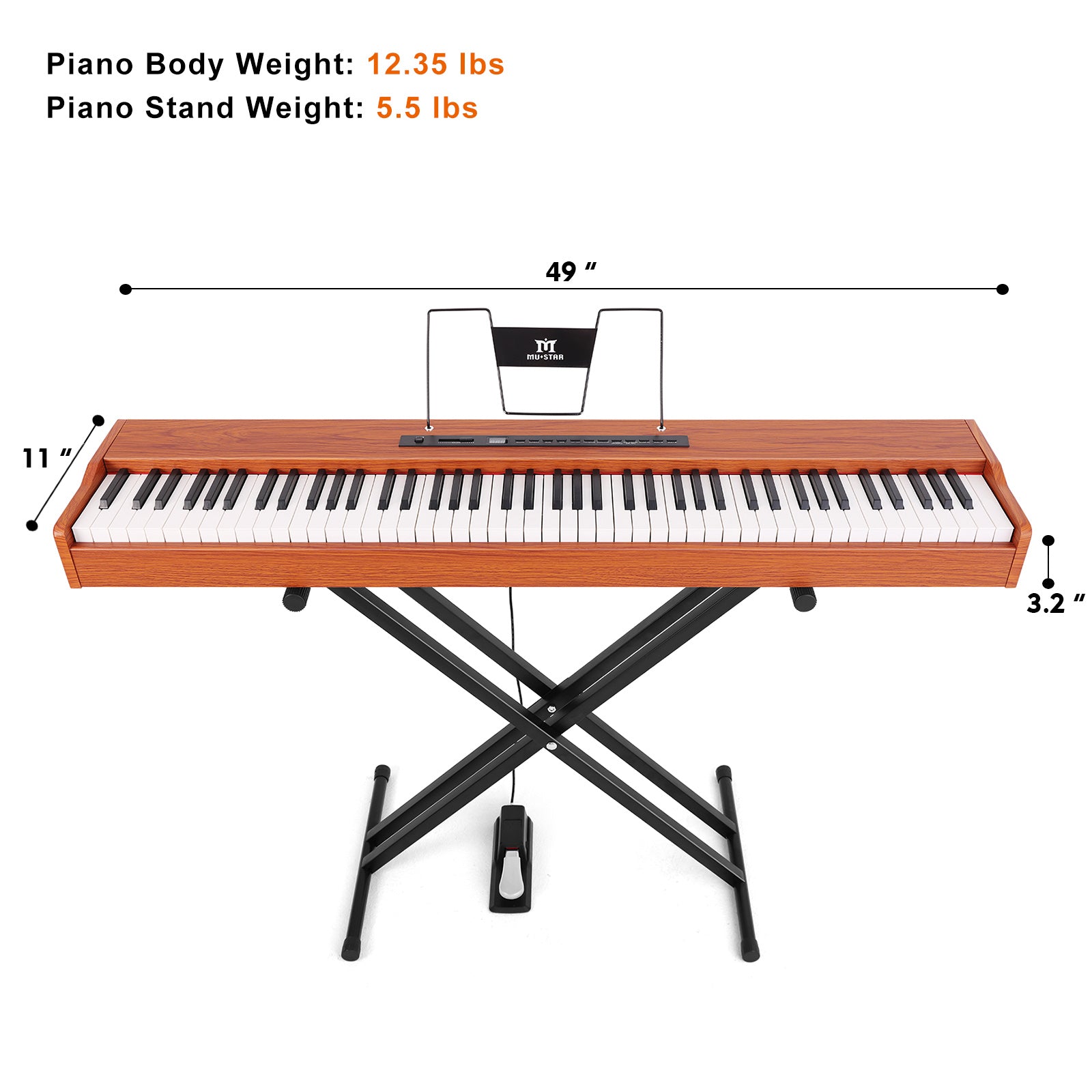 MUSTAR MEP-1600, Digital Piano 88 Keys Electronic Keyboards, Semi Weighted Electric Piano, Bluetooth Connection, Sustain Pedal, Brown