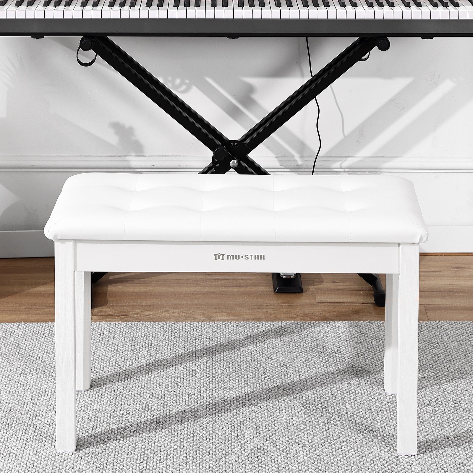 MUSTAR MS-200, Wooden Piano Bench, Padded Piano Stool with Storage, White