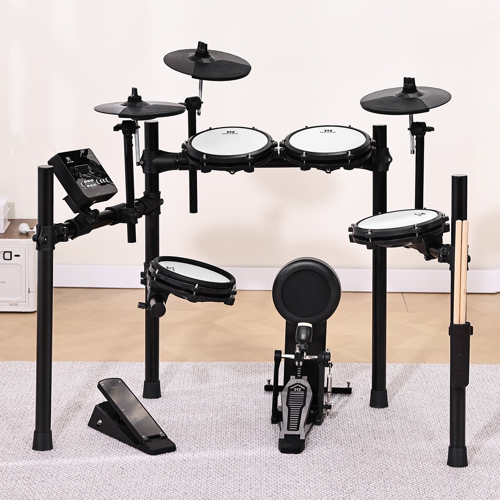 MUSTAR MED-300, 8 Pieces Electronic Drum Set for Adults Kids Beginners, With 450 Sounds, Quiet Mesh Drum Pads, 2 Cymbals w/Choke, Kick Drum, 2 Pedals, Headphones, Sticks, USB MIDI, 30 Drum Kits