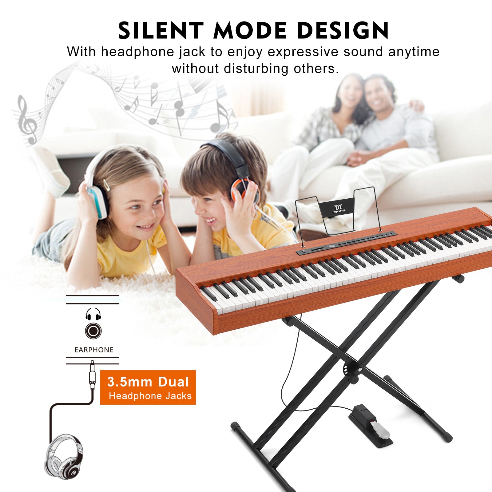 MUSTAR MEP-1600, Digital Piano 88 Keys Electronic Keyboards, Semi Weighted Electric Piano, Bluetooth Connection, Sustain Pedal, Brown