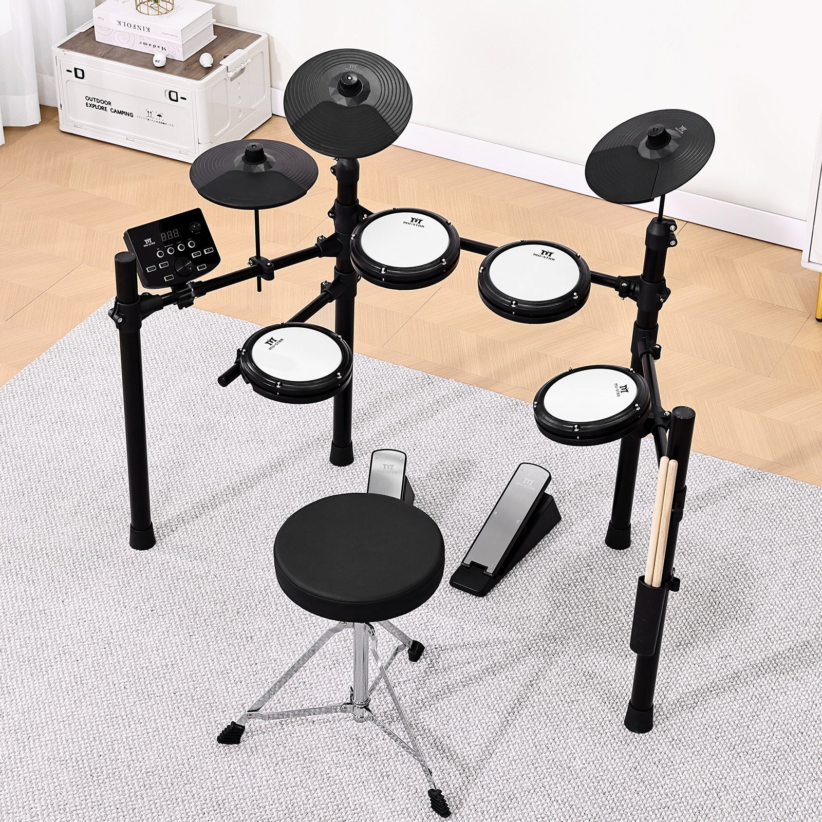 MUSTAR MED-400, MUSTAR Electronic Drum Set, Electric Drum Sets for Beginners with Mesh Drum Pads, 10" Cymbals, 2 Pedals, Drum Stool, Headphones, Sticks, USB MIDI Connectivity