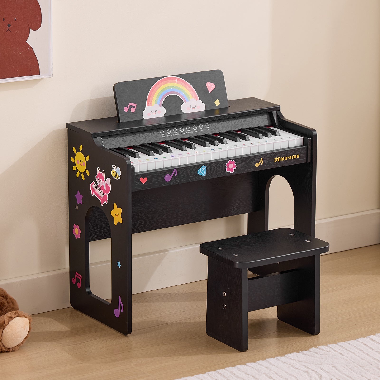 MUSTAR MT-800, 37 Keys Kids Piano Keyboard, Wooden Music Toy Instrument, Early Educational Musical Learning, Stool