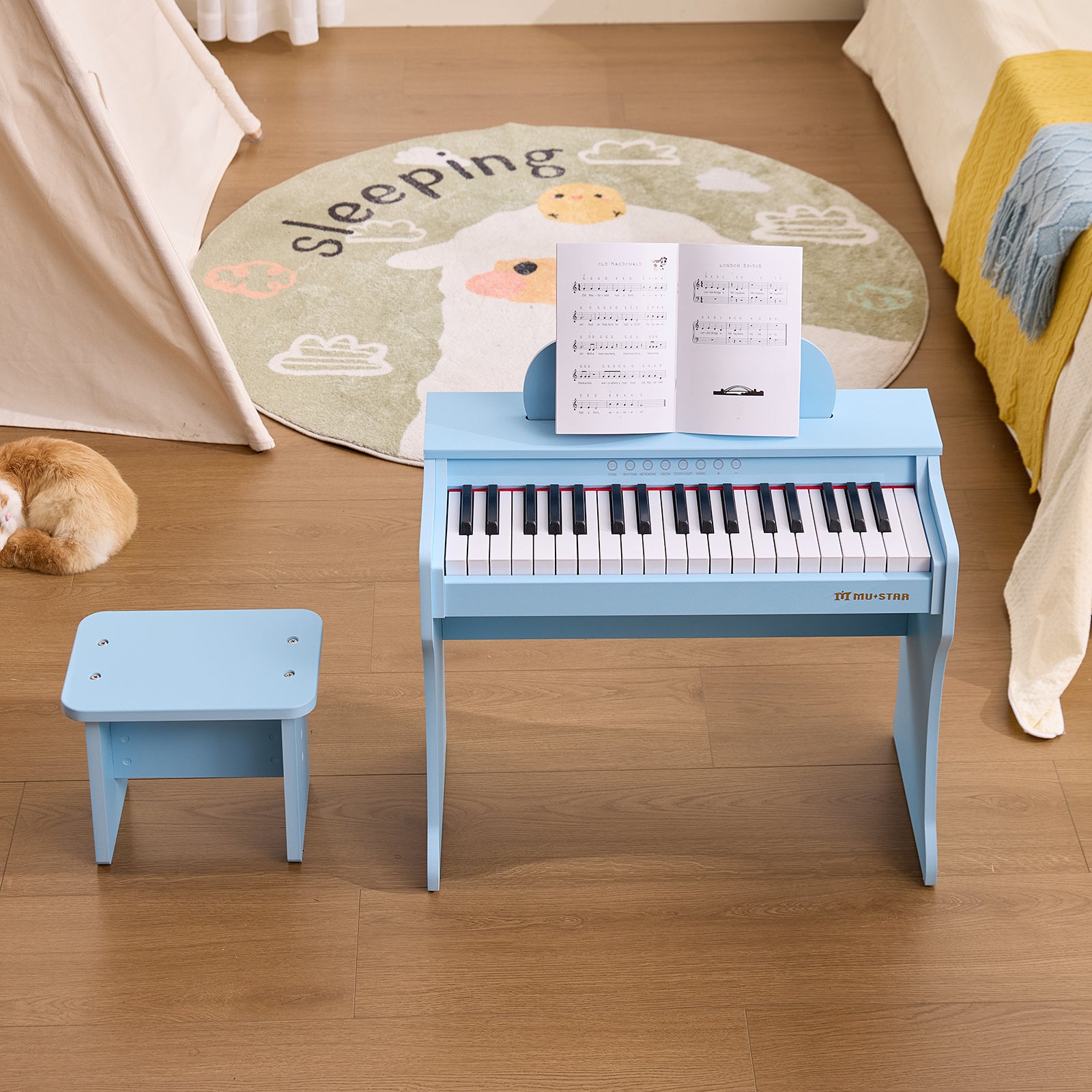 MUSTAR MT-600, 37 Keys Kids Piano Keyboard, Wooden Music Toy Instrument, Early Educational Musical Learning,Stool