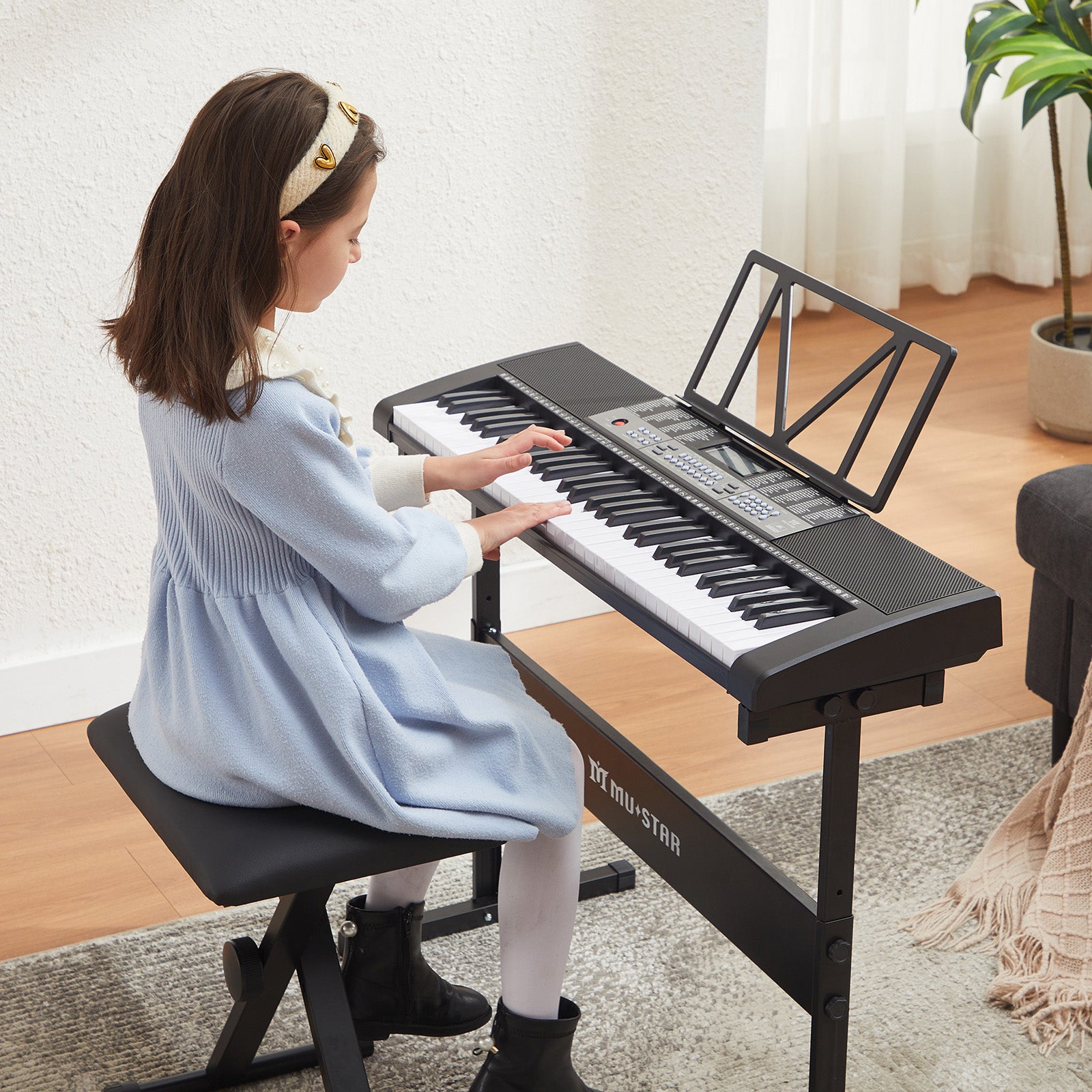 MUSTAR MEKS-800, LCD, 61 Key Portable Electronic Keyboard, Lighted Up Learning Piano Keyboard, Beginner Set with Stool