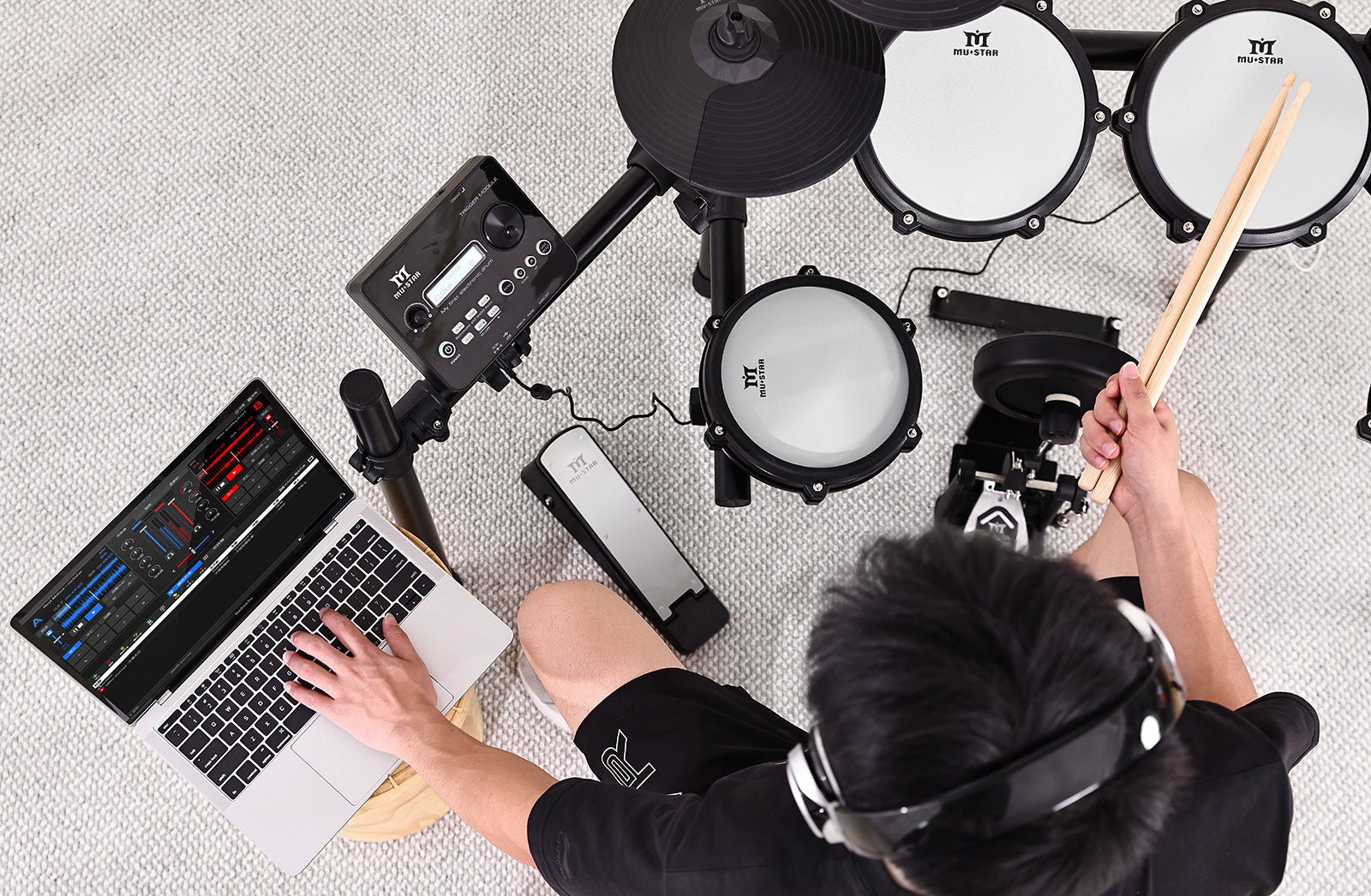 MUSTAR MED-300, 8 Pieces Electronic Drum Set for Adults Kids Beginners, With 450 Sounds, Quiet Mesh Drum Pads, 2 Cymbals w/Choke, Kick Drum, 2 Pedals, Headphones, Sticks, USB MIDI, 30 Drum Kits