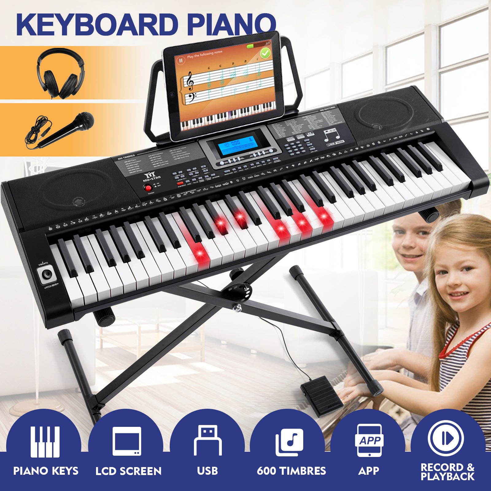 MUSTAR MEKS-500, 61 Key Portable Electronic Keyboard, Lighted Up Learning Piano Keyboard, LCD, Beginner Set, Gifts