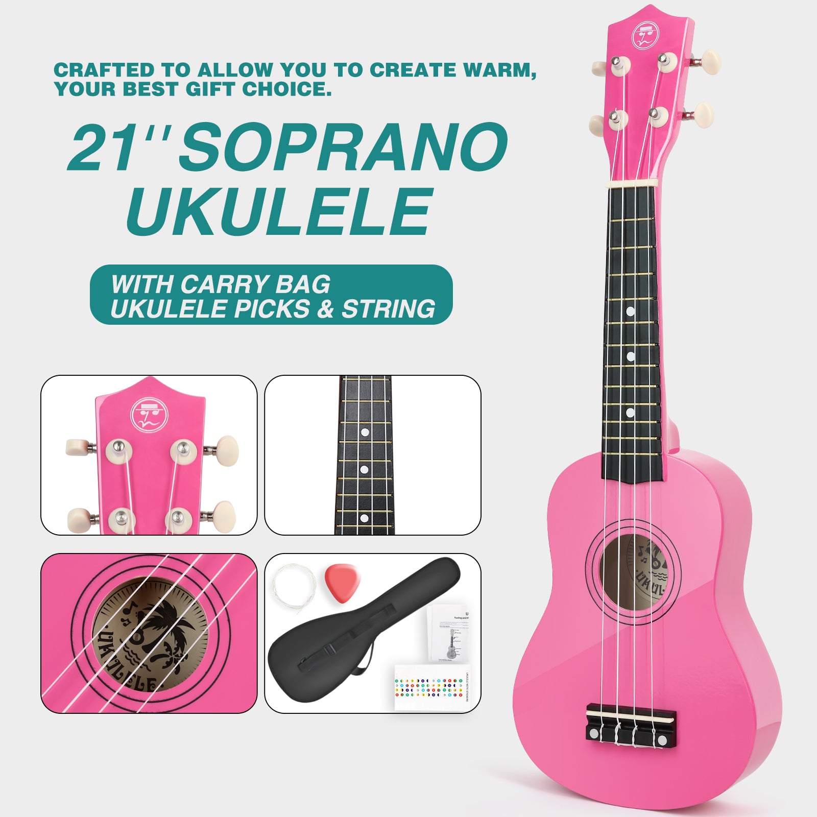 MUSTAR MU-401, 21 Inch Soprano Ukulele for Beginners Kids Pink