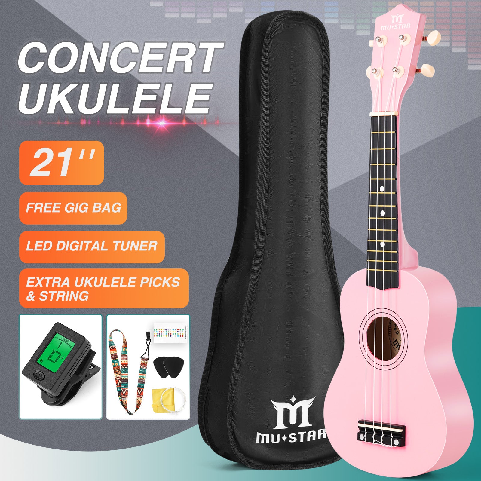 MUSTAR MU-1700, 21 Inch Soprano Ukulele for Beginners Kids Macaron Light Pink