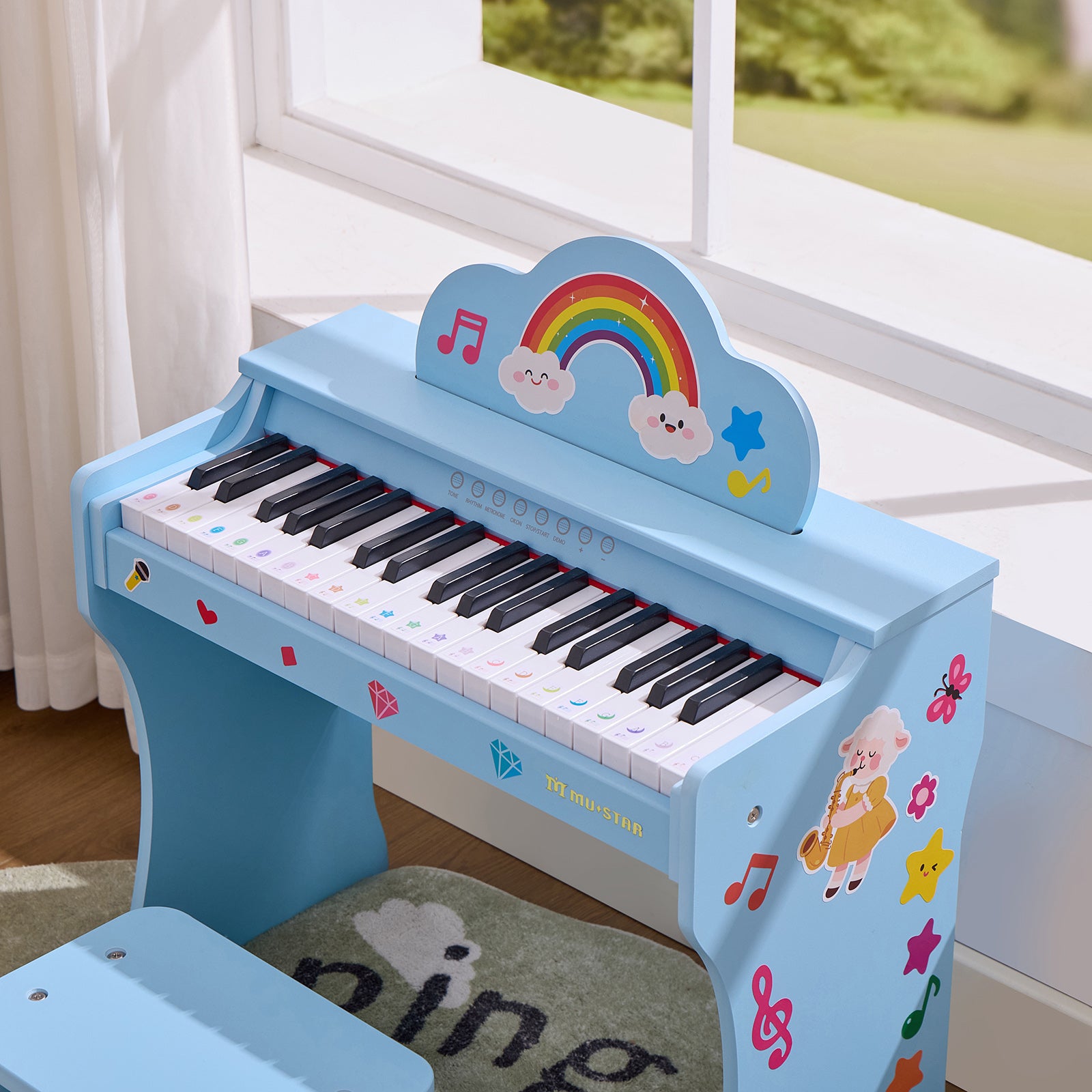 MUSTAR MT-600, 37 Keys Kids Piano Keyboard, Wooden Music Toy Instrument, Early Educational Musical Learning,Stool