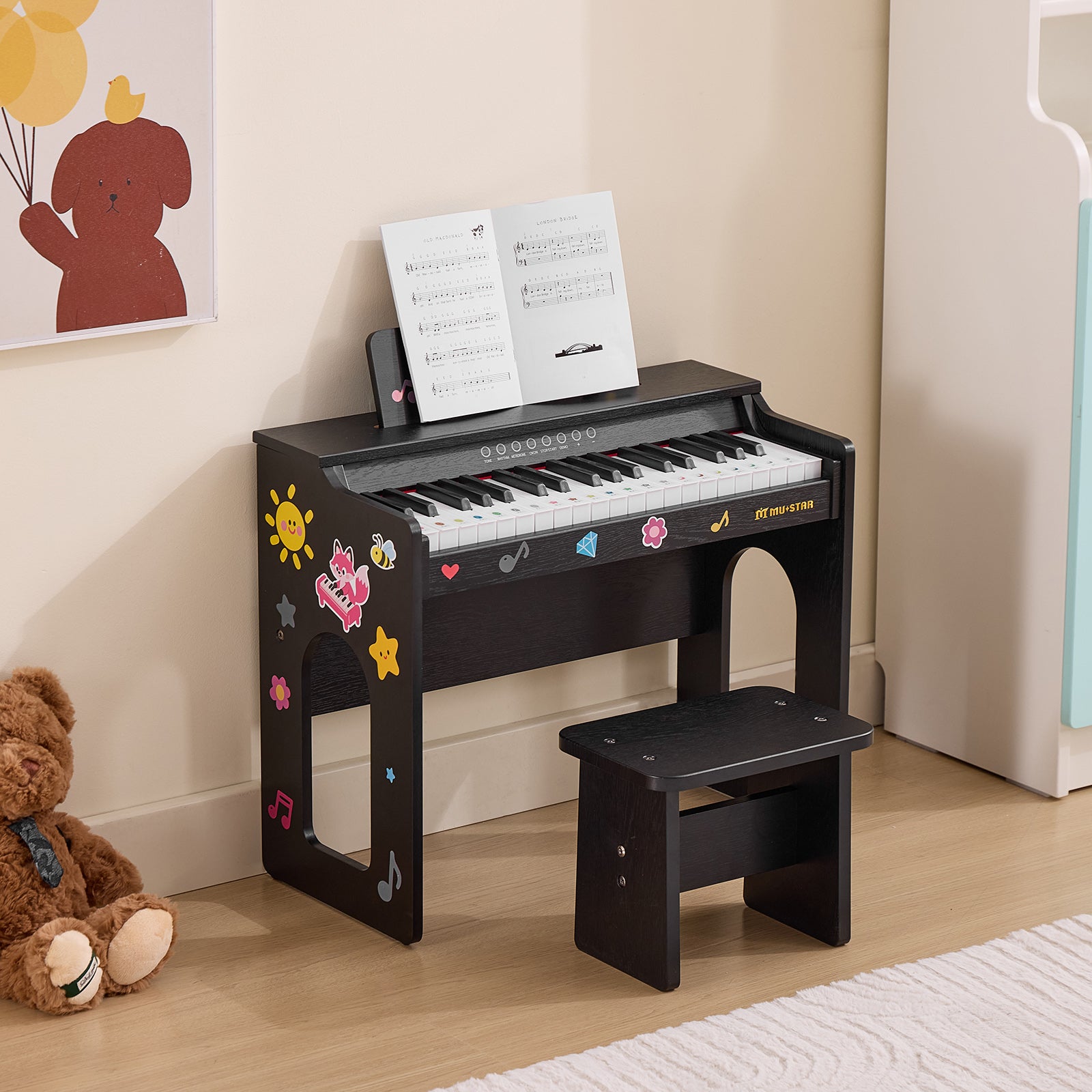 MUSTAR MT-800, 37 Keys Kids Piano Keyboard, Wooden Music Toy Instrument, Early Educational Musical Learning, Stool