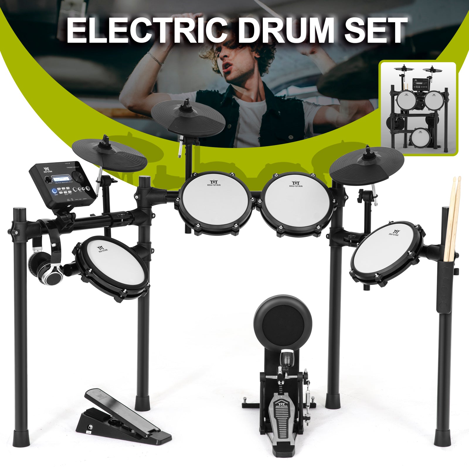 MUSTAR MED-300, 8 Pieces Electronic Drum Set for Adults Kids Beginners, With 450 Sounds, Quiet Mesh Drum Pads, 2 Cymbals w/Choke, Kick Drum, 2 Pedals, Headphones, Sticks, USB MIDI, 30 Drum Kits