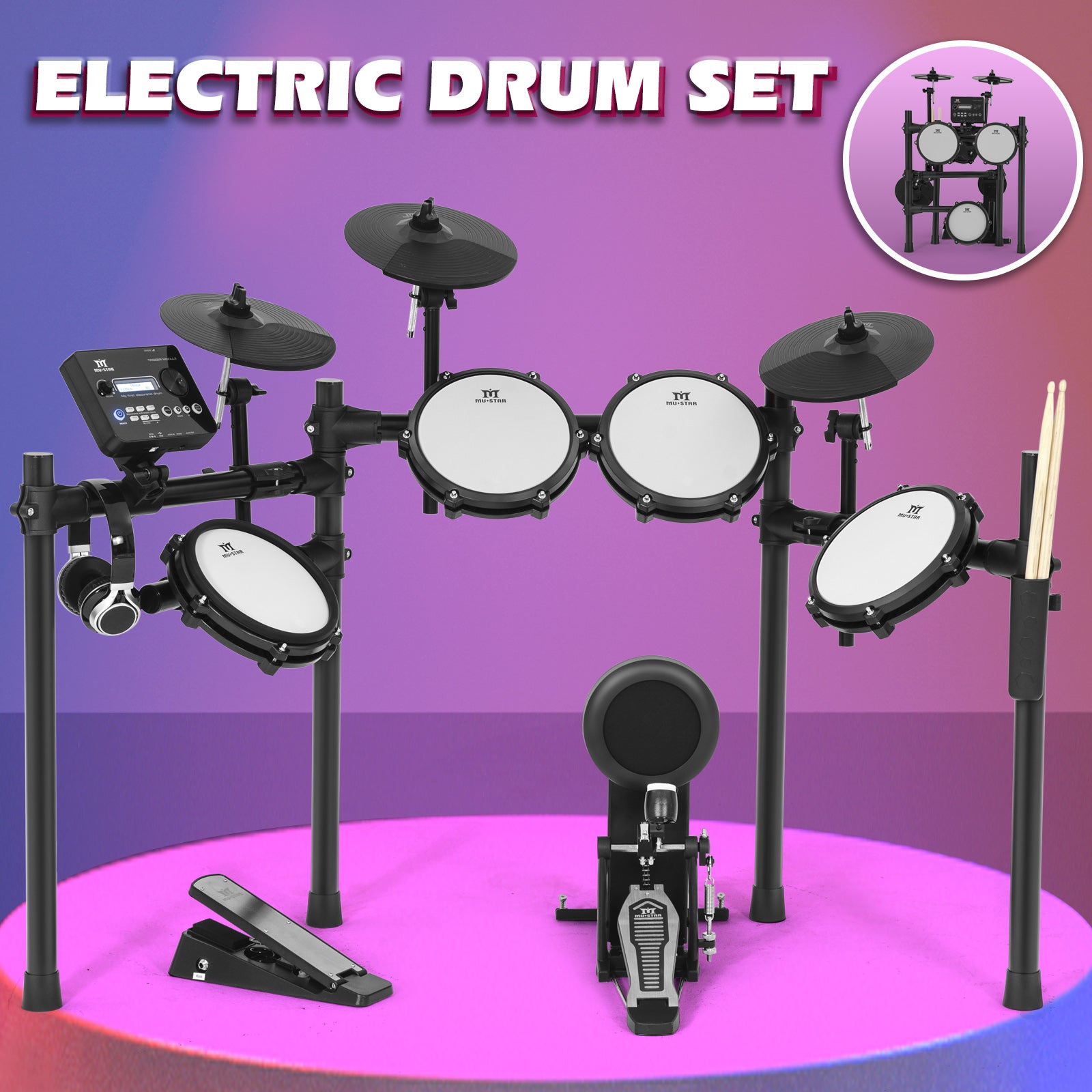 MUSTAR MED-300, 8 Pieces Electronic Drum Set for Adults Kids Beginners, With 450 Sounds, Quiet Mesh Drum Pads, 2 Cymbals w/Choke, Kick Drum, 2 Pedals, Headphones, Sticks, USB MIDI, 30 Drum Kits