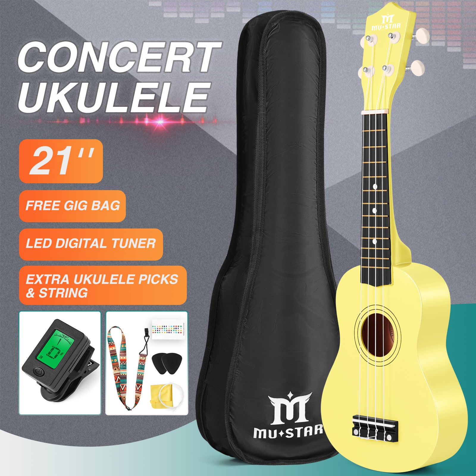 MUSTAR MU-1900, 21 Inch Soprano Ukulele for Beginners Kids Yellow