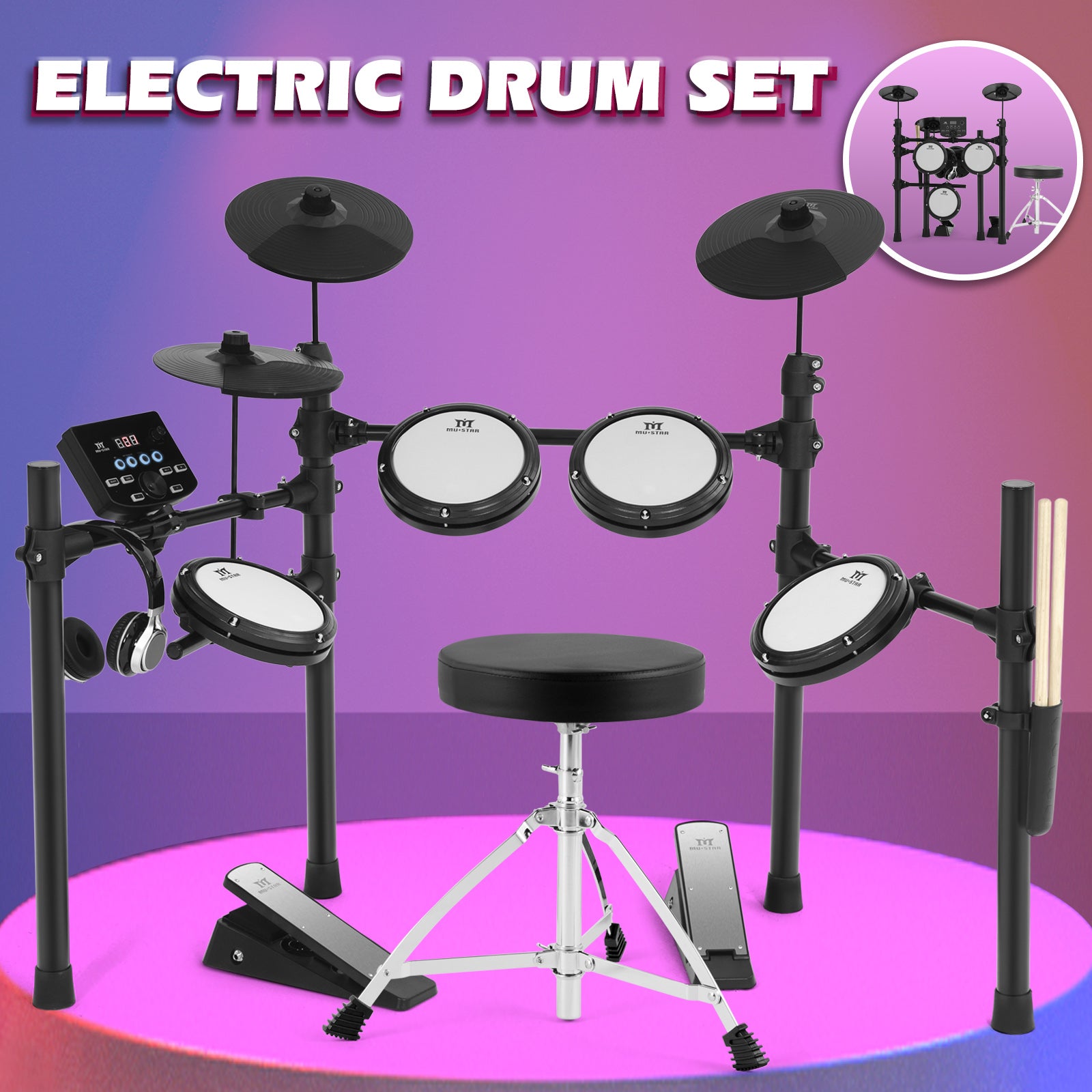 MUSTAR MED-400, MUSTAR Electronic Drum Set, Electric Drum Sets for Beginners with Mesh Drum Pads, 10" Cymbals, 2 Pedals, Drum Stool, Headphones, Sticks, USB MIDI Connectivity