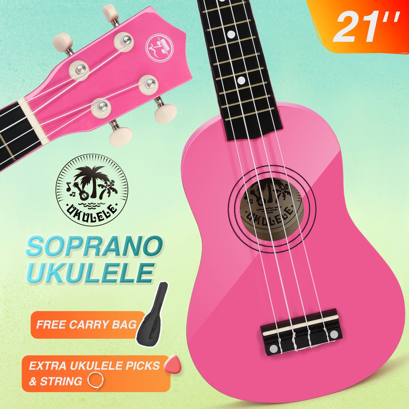 MUSTAR MU-401, 21 Inch Soprano Ukulele for Beginners Kids Pink