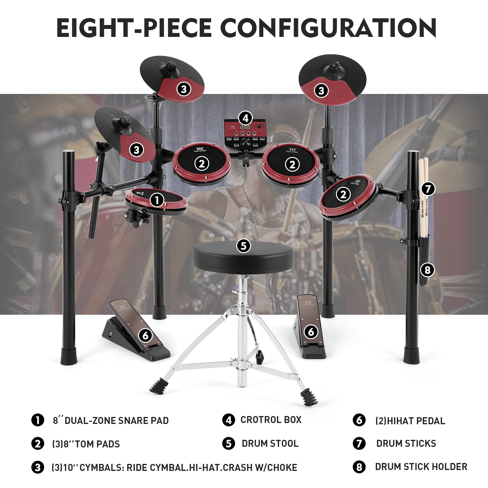 MUSTAR MED-200, Electronic Drum Set, 180 Sounds, 15 Kits, For Kids, Birthday Gift