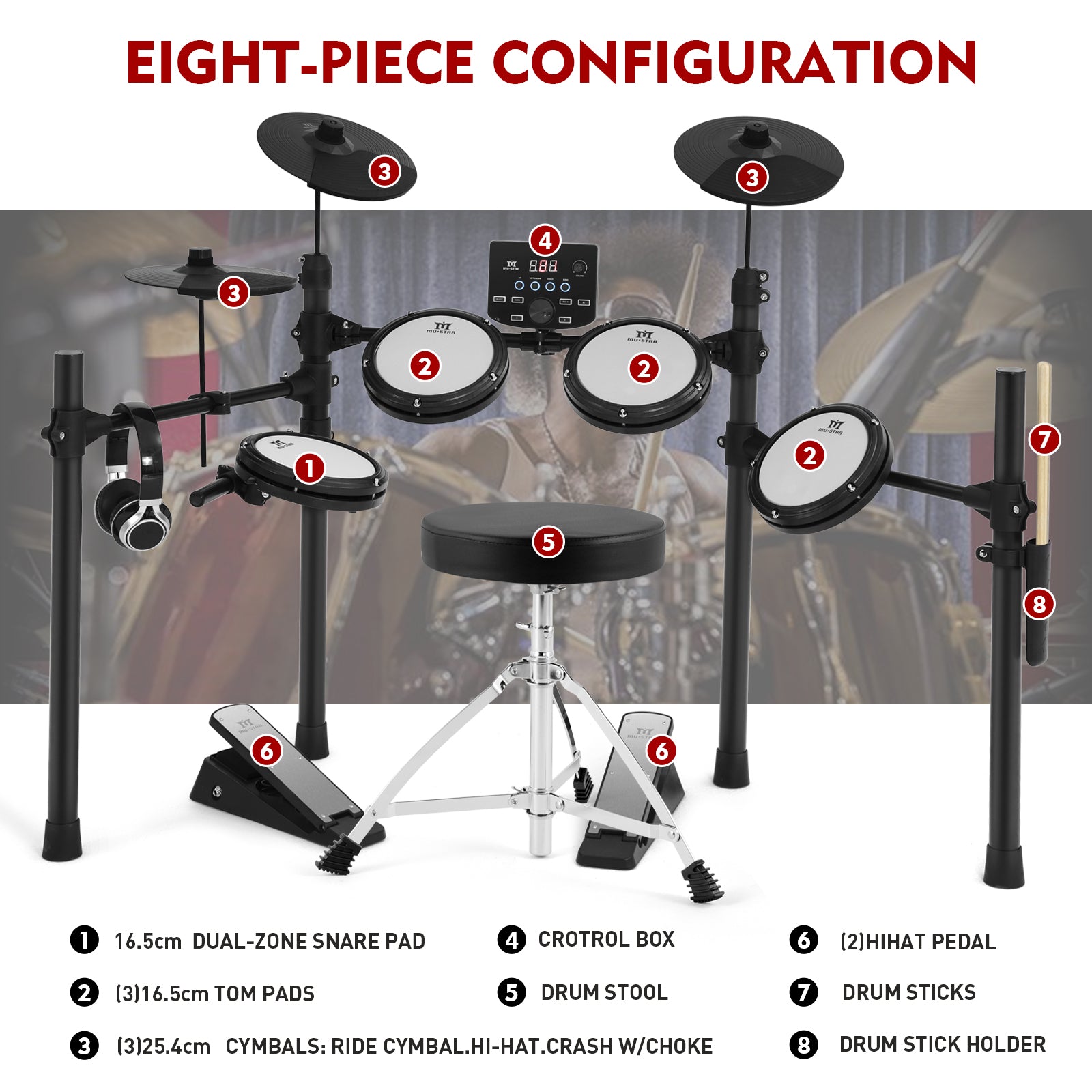 MUSTAR MED-400, MUSTAR Electronic Drum Set, Electric Drum Sets for Beginners with Mesh Drum Pads, 10" Cymbals, 2 Pedals, Drum Stool, Headphones, Sticks, USB MIDI Connectivity