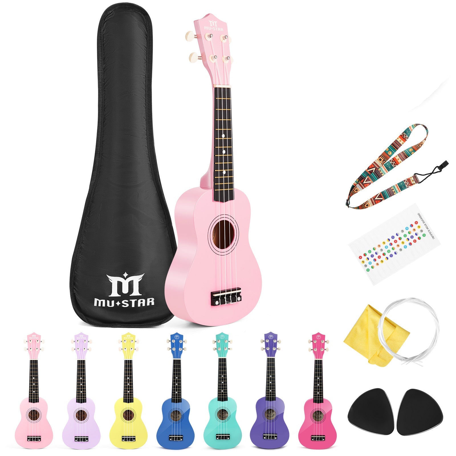 MUSTAR MU-1700, 21 Inch Soprano Ukulele for Beginners Kids Macaron Light Pink