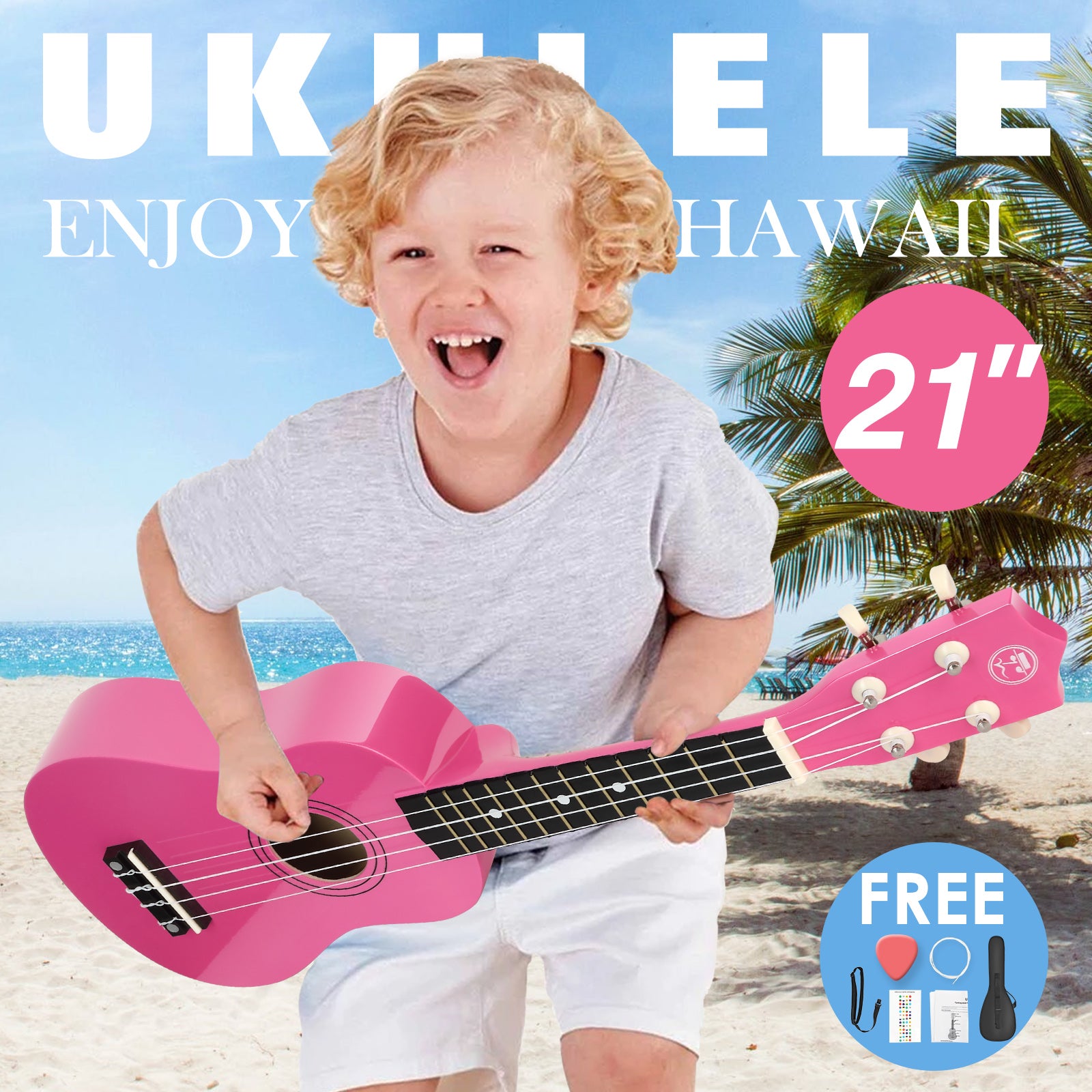 MUSTAR MU-401, 21 Inch Soprano Ukulele for Beginners Kids Pink