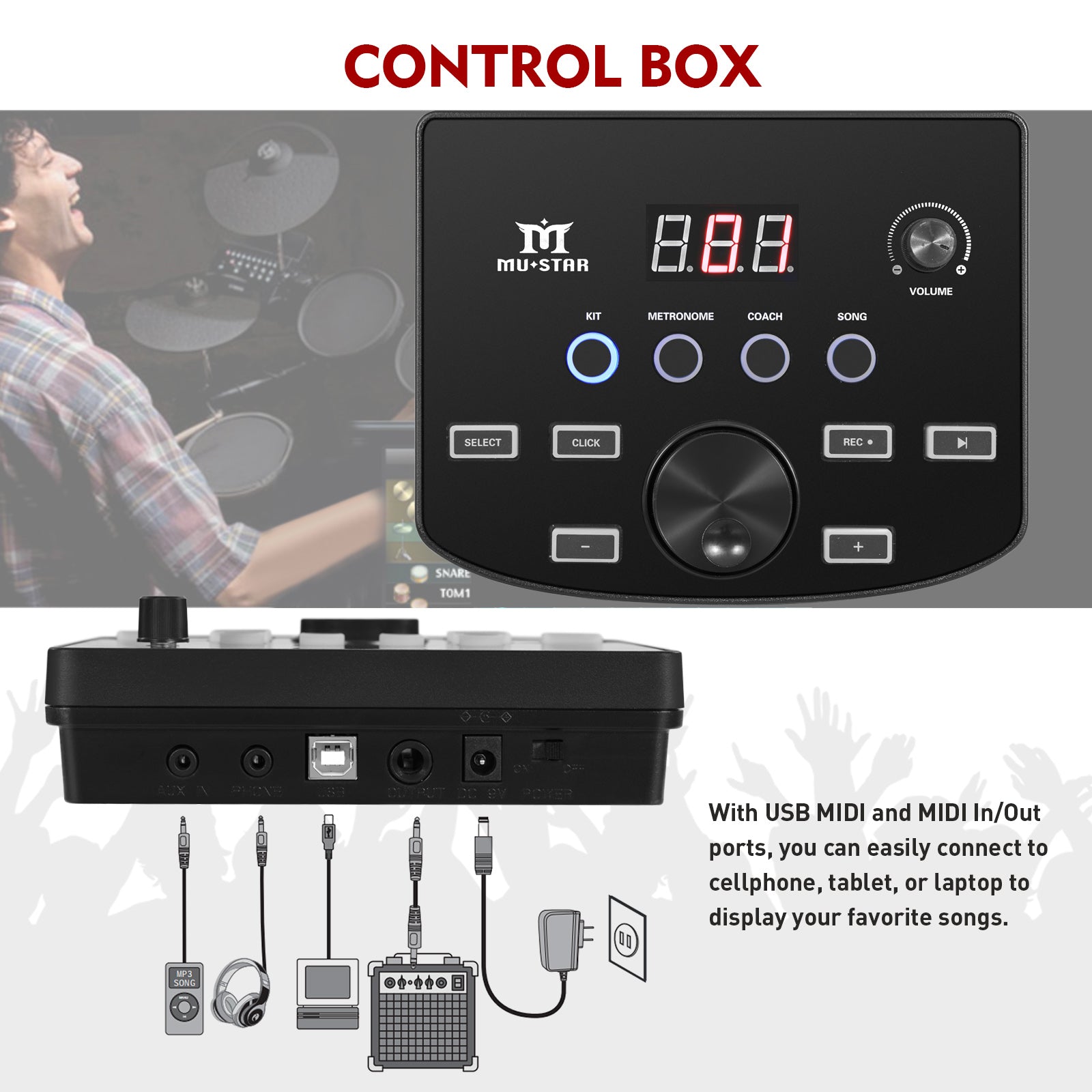 MUSTAR MED-400, MUSTAR Electronic Drum Set, Electric Drum Sets for Beginners with Mesh Drum Pads, 10" Cymbals, 2 Pedals, Drum Stool, Headphones, Sticks, USB MIDI Connectivity
