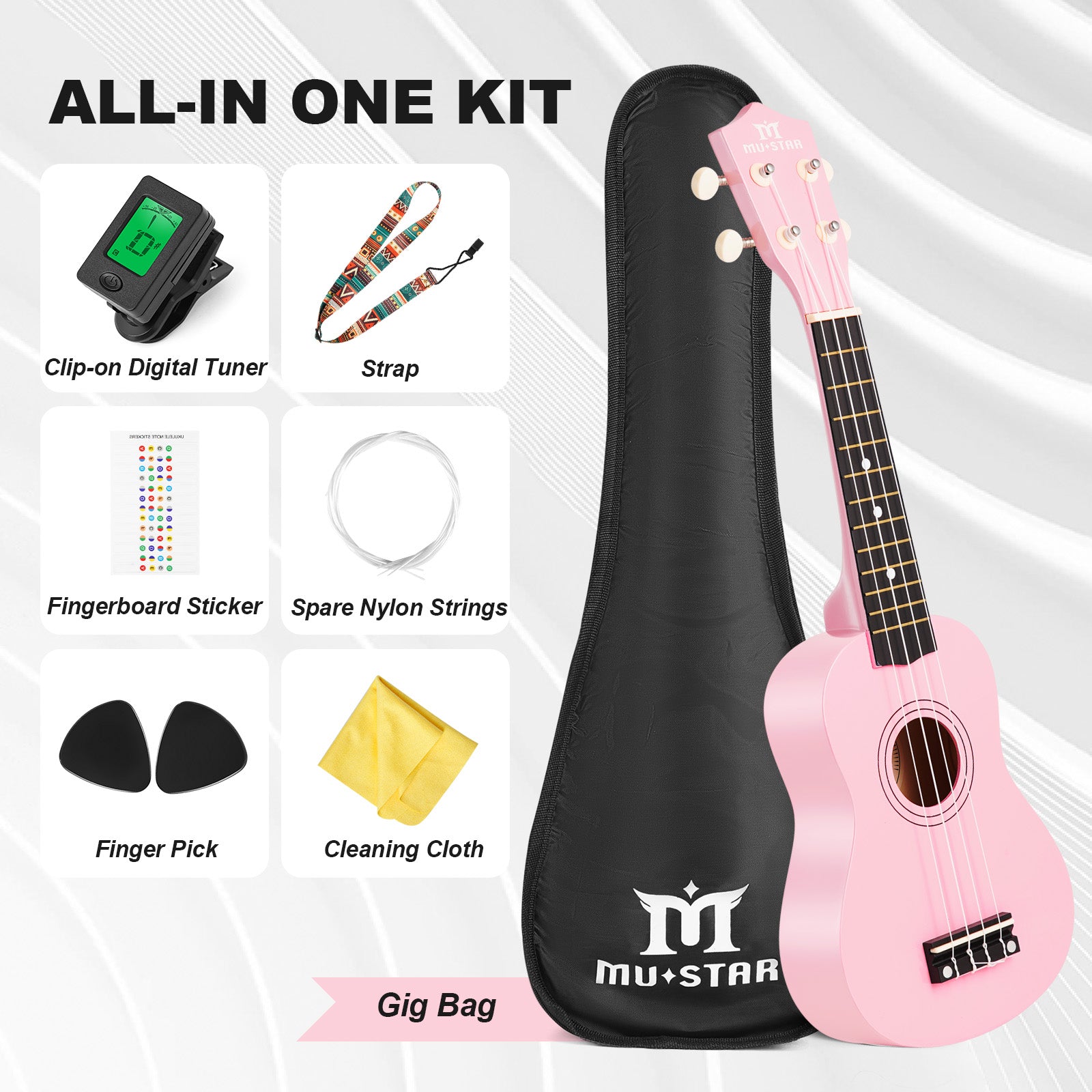 MUSTAR MU-1700, 21 Inch Soprano Ukulele for Beginners Kids Macaron Light Pink