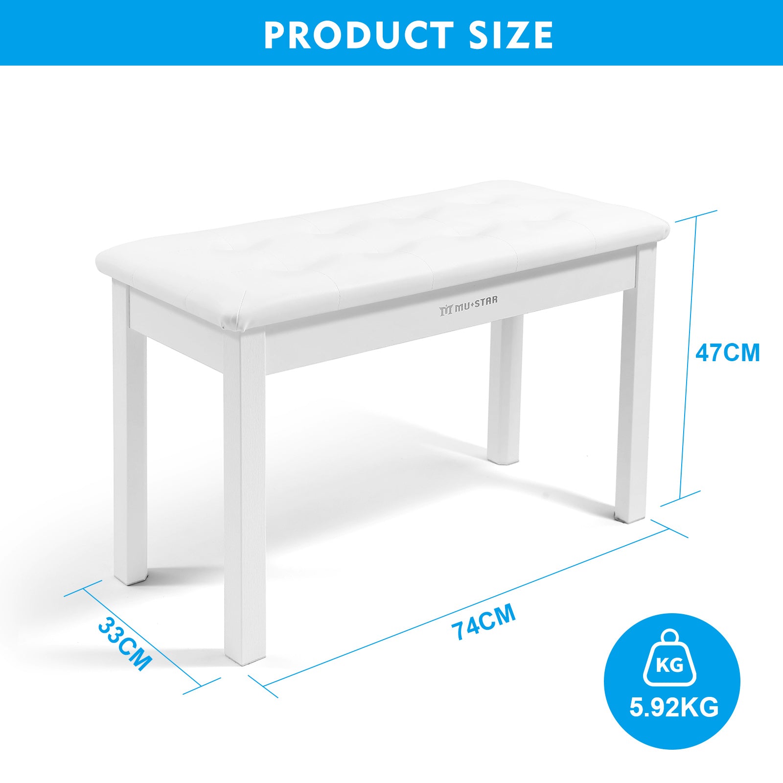 MUSTAR MS-200, Wooden Piano Bench, Padded Piano Stool with Storage, White