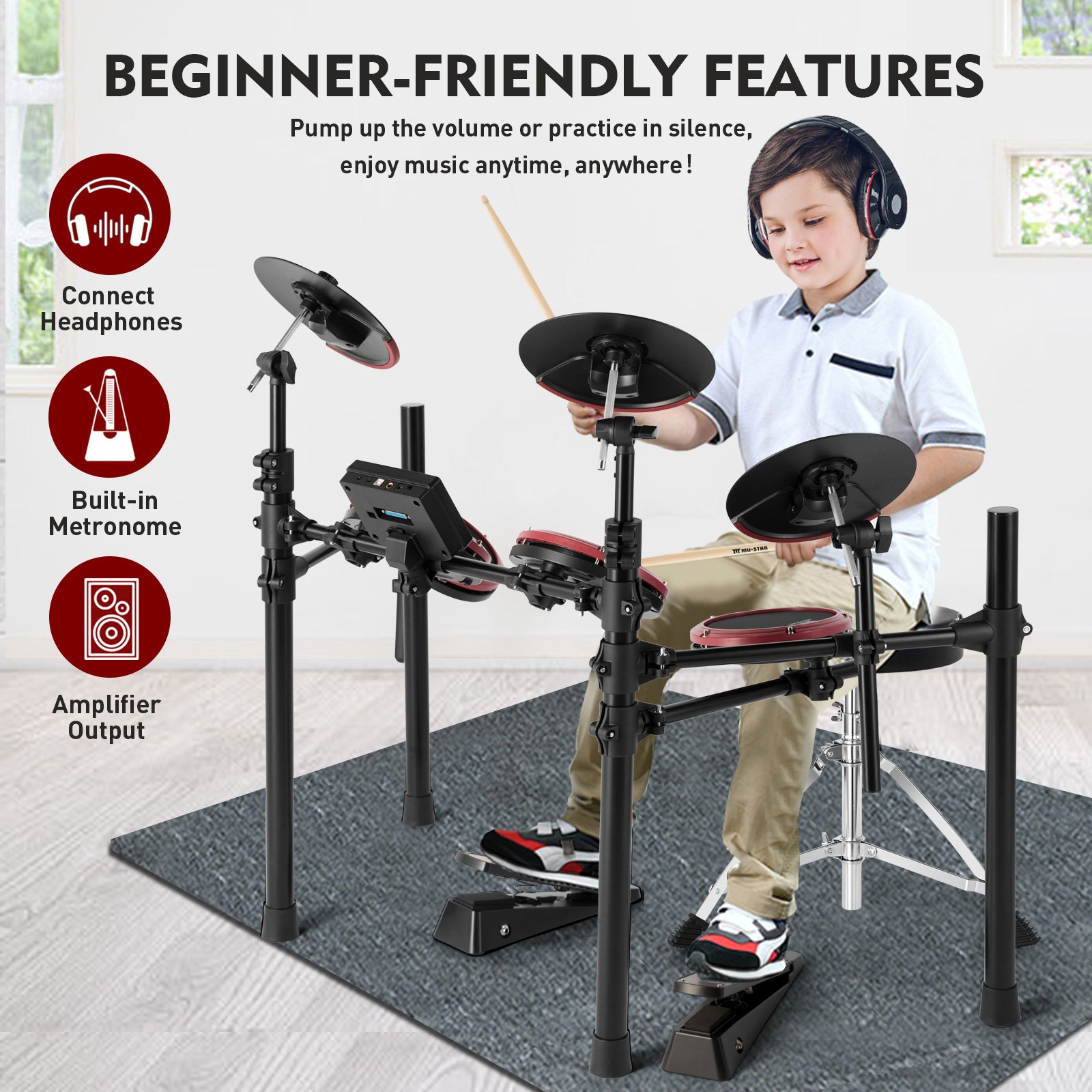 MUSTAR MED-200, Electronic Drum Set, 180 Sounds, 15 Kits, For Kids, Birthday Gift