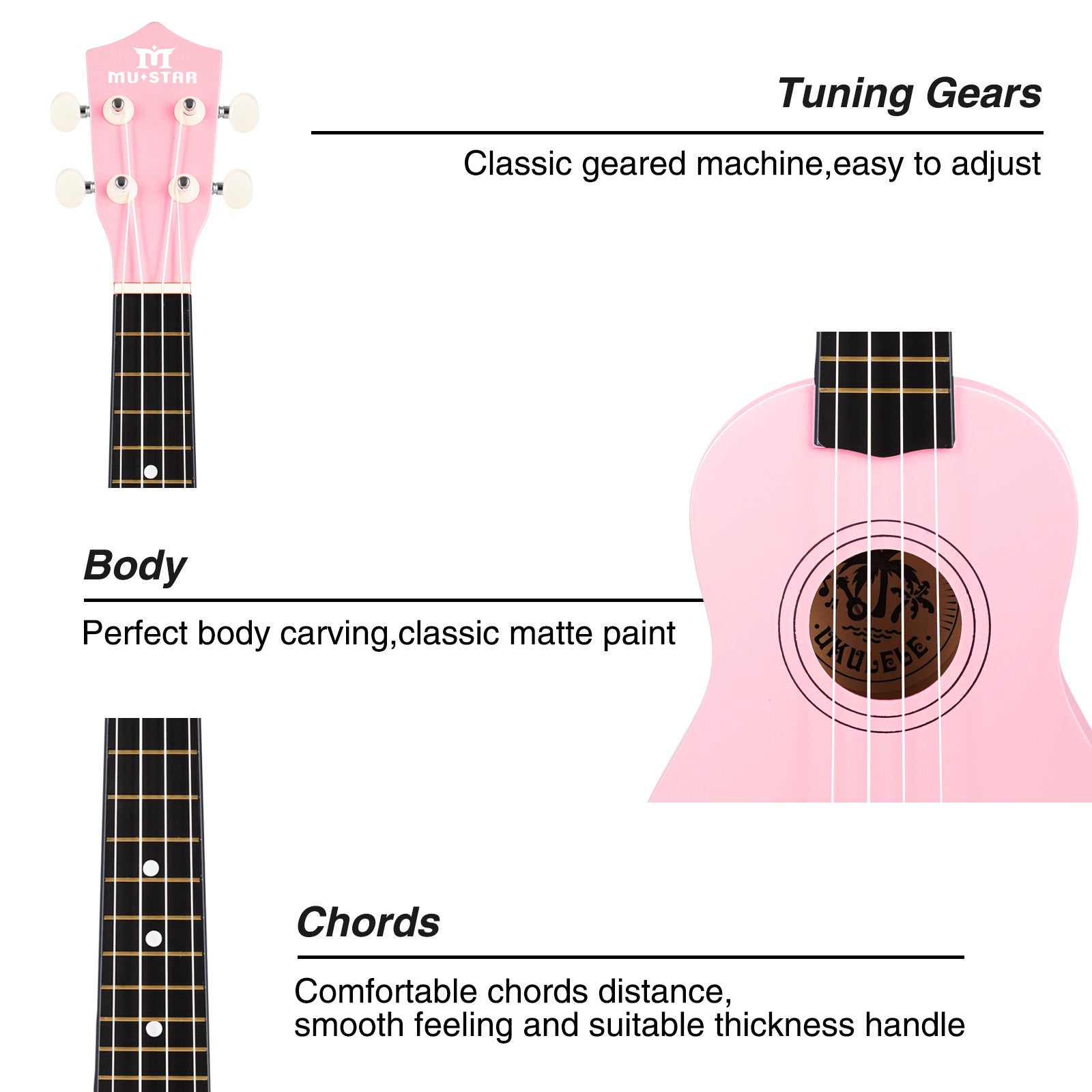 MUSTAR MU-1700, 21 Inch Soprano Ukulele for Beginners Kids Macaron Light Pink