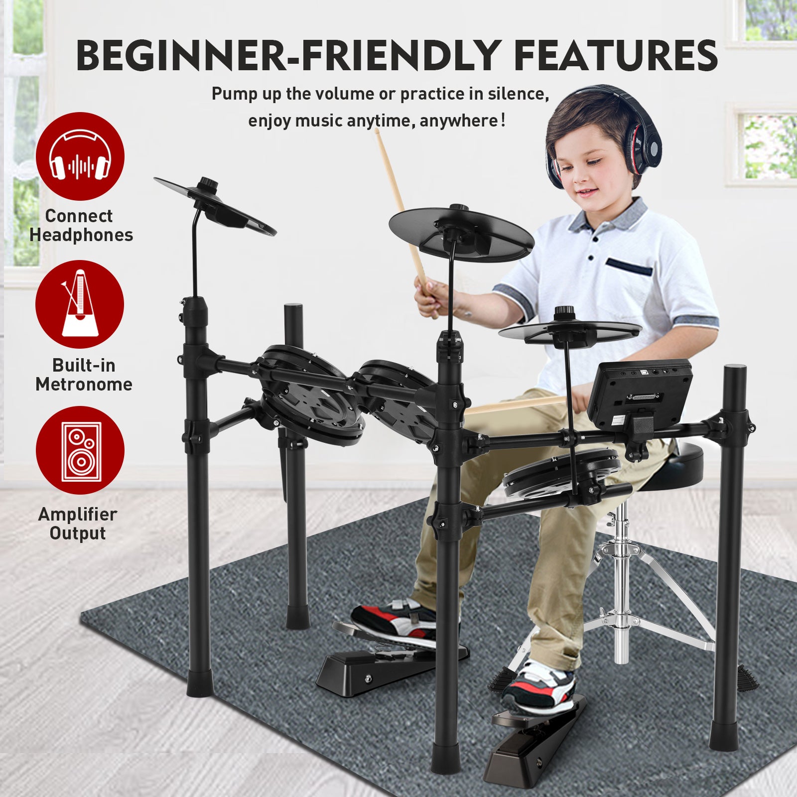 MUSTAR MED-400, MUSTAR Electronic Drum Set, Electric Drum Sets for Beginners with Mesh Drum Pads, 10" Cymbals, 2 Pedals, Drum Stool, Headphones, Sticks, USB MIDI Connectivity