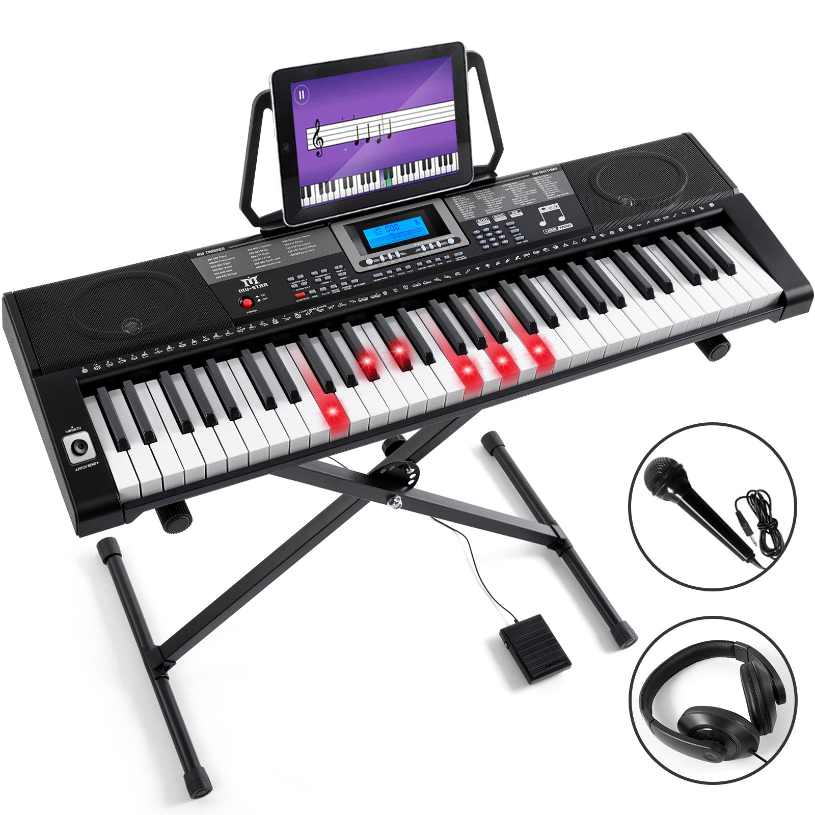 MUSTAR MEKS-500, 61 Key Portable Electronic Keyboard, Lighted Up Learning Piano Keyboard, LCD, Beginner Set, Gifts