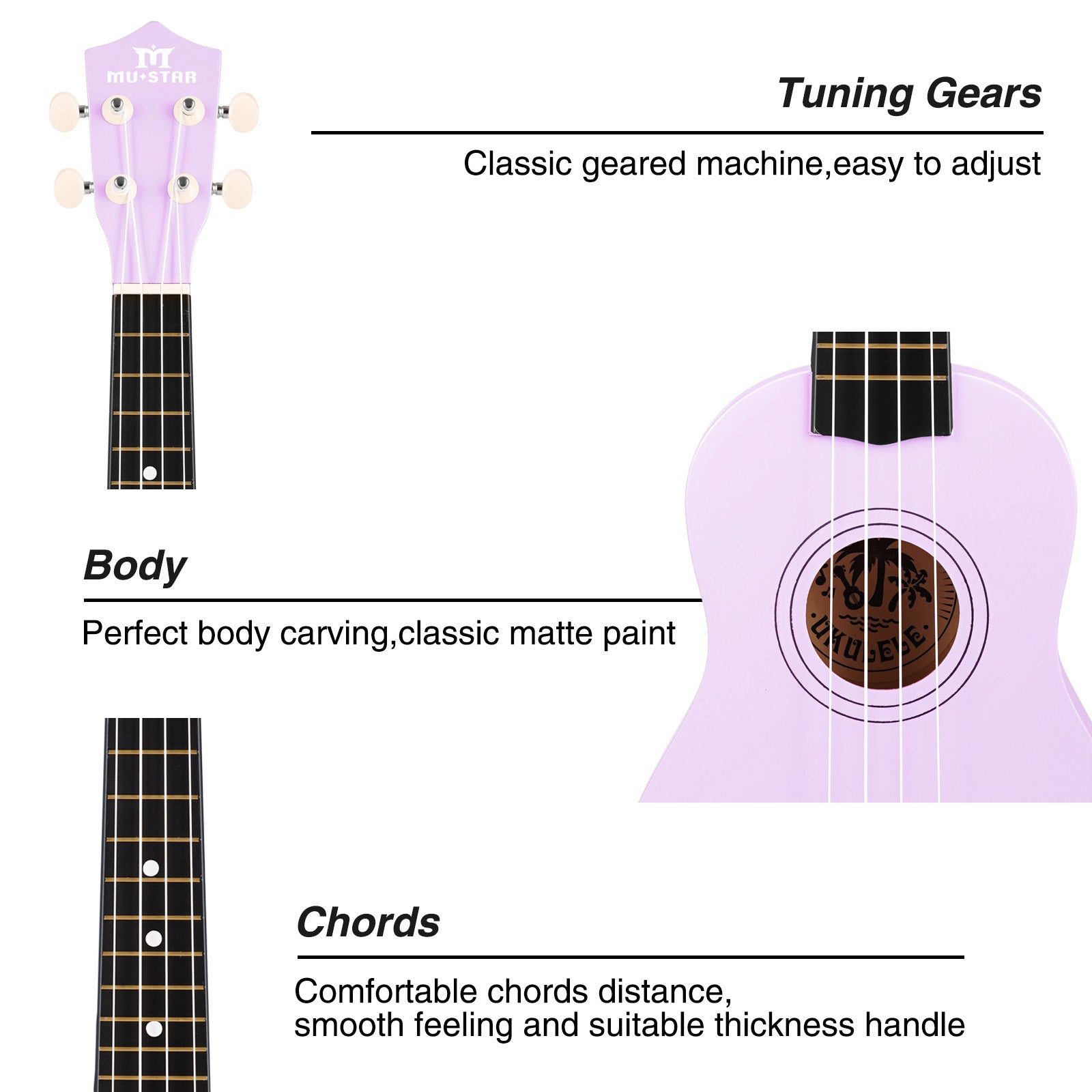 MUSTAR MU-1800, 21 Inch Soprano Ukulele for Beginners Kids Macaron Light purple