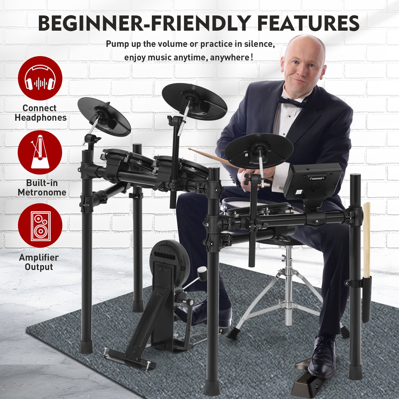 MUSTAR MED-300, 8 Pieces Electronic Drum Set for Adults Kids Beginners, With 450 Sounds, Quiet Mesh Drum Pads, 2 Cymbals w/Choke, Kick Drum, 2 Pedals, Headphones, Sticks, USB MIDI, 30 Drum Kits