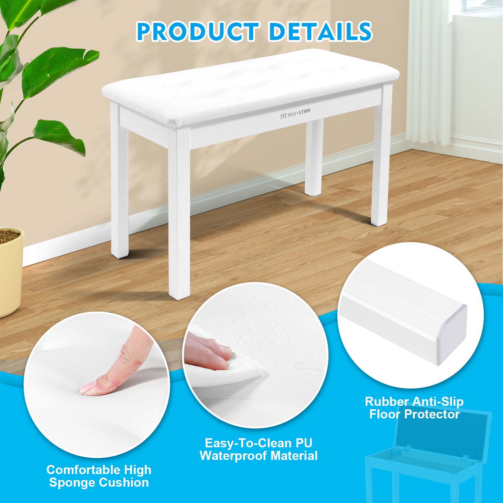 MUSTAR MS-200, Wooden Piano Bench, Padded Piano Stool with Storage, White