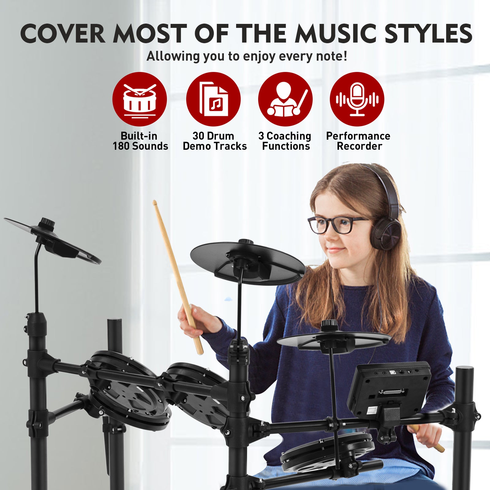 MUSTAR MED-400, MUSTAR Electronic Drum Set, Electric Drum Sets for Beginners with Mesh Drum Pads, 10" Cymbals, 2 Pedals, Drum Stool, Headphones, Sticks, USB MIDI Connectivity