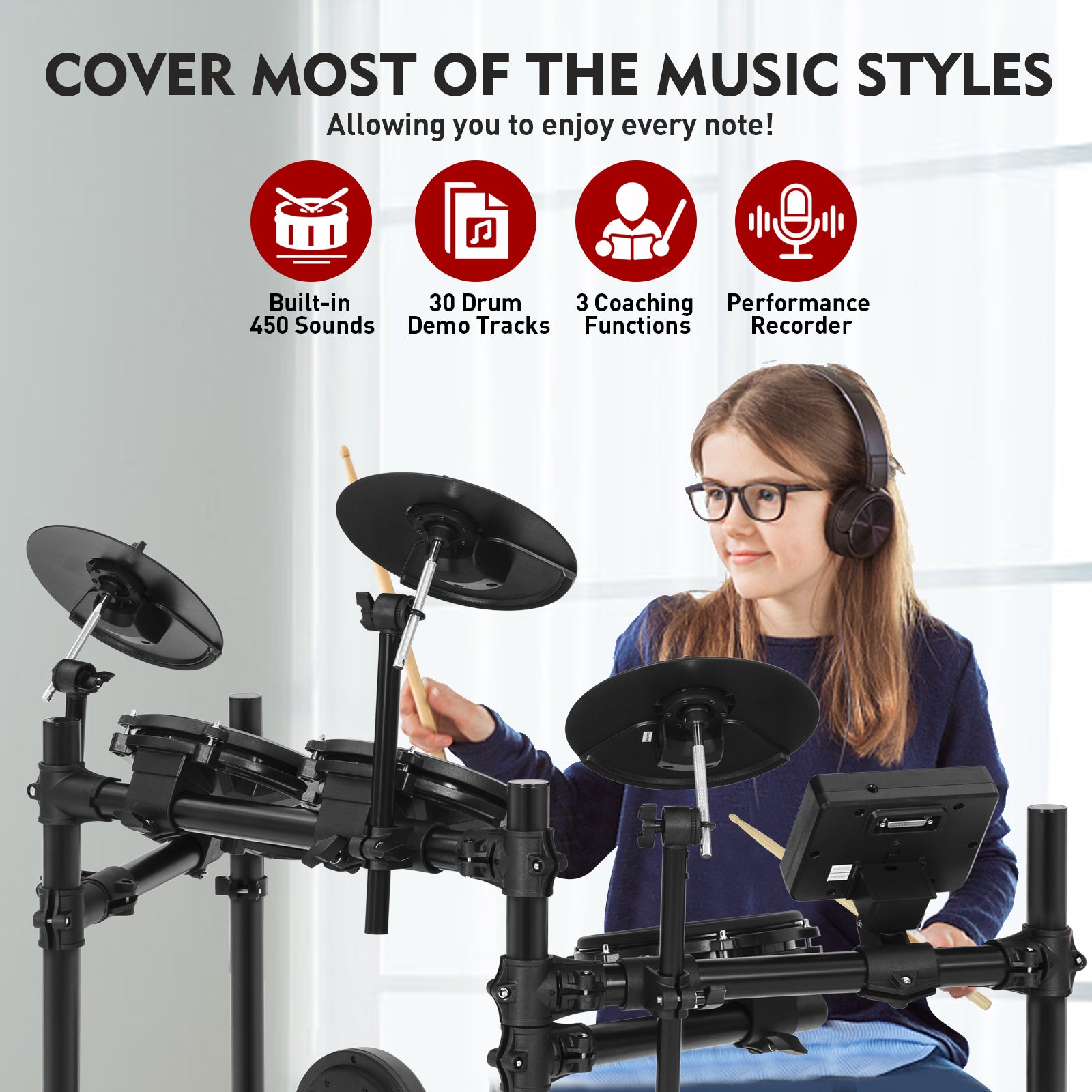 MUSTAR MED-300, 8 Pieces Electronic Drum Set for Adults Kids Beginners, With 450 Sounds, Quiet Mesh Drum Pads, 2 Cymbals w/Choke, Kick Drum, 2 Pedals, Headphones, Sticks, USB MIDI, 30 Drum Kits