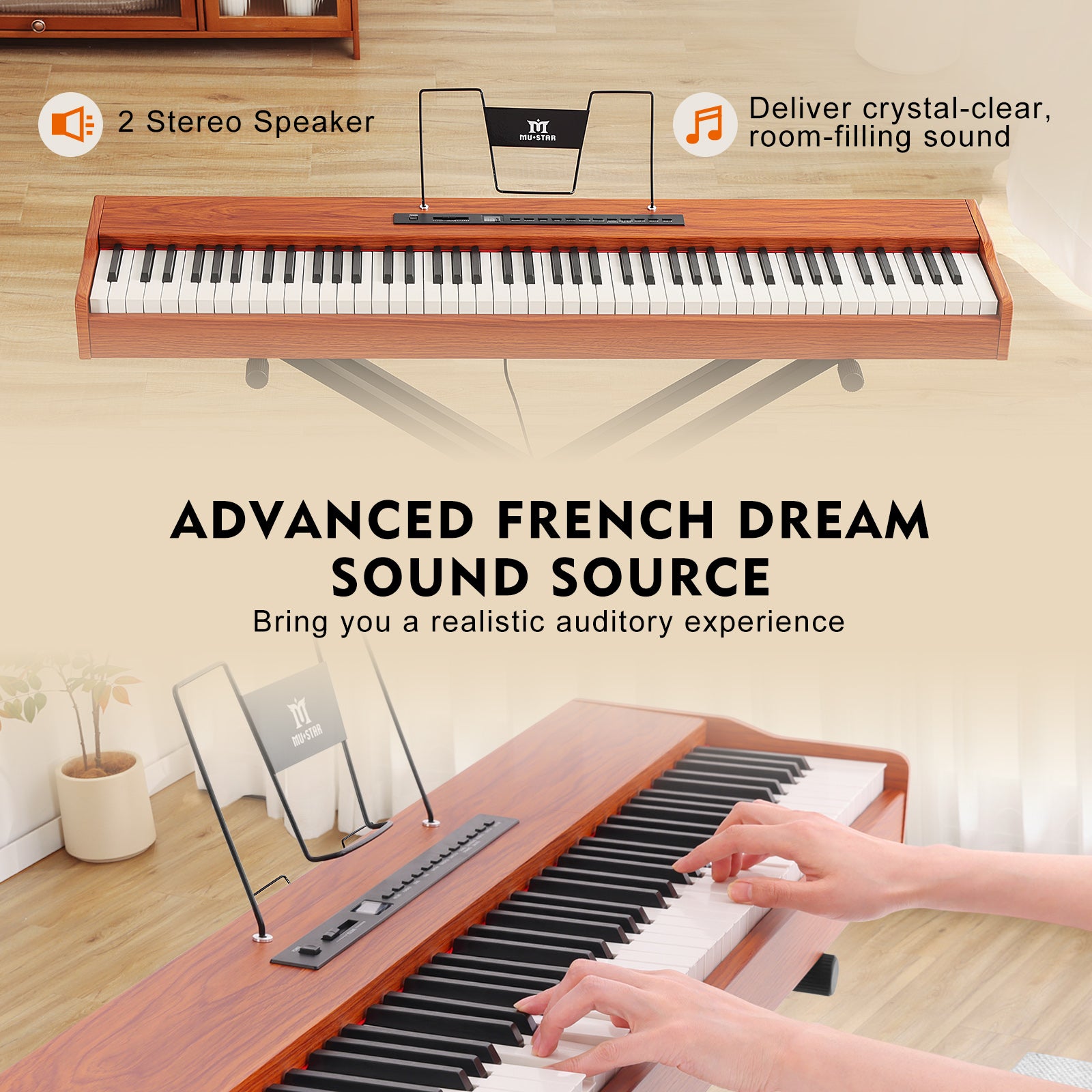 MUSTAR MEP-1600, Digital Piano 88 Keys Electronic Keyboards, Semi Weighted Electric Piano, Bluetooth Connection, Sustain Pedal, Brown