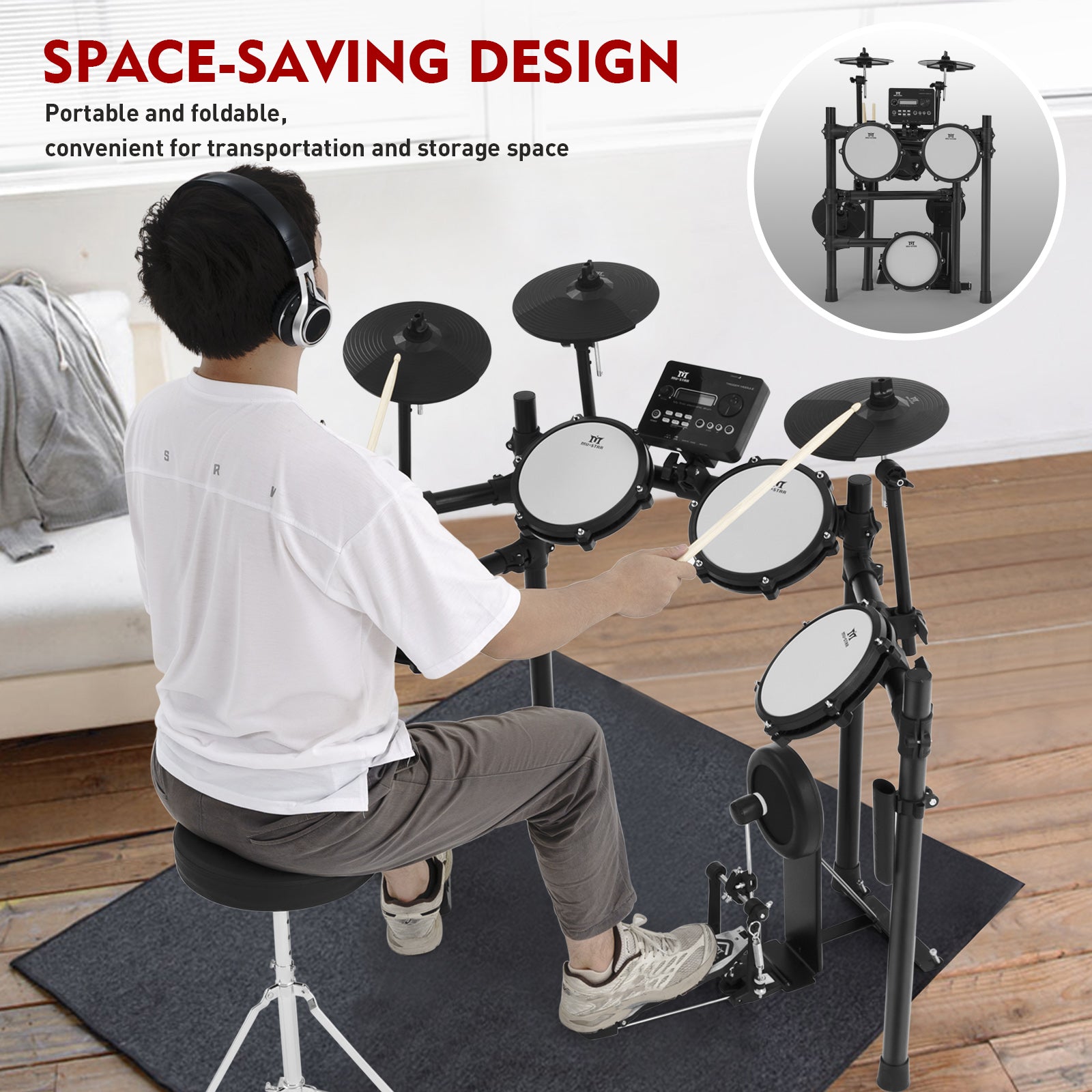 MUSTAR MED-300, 8 Pieces Electronic Drum Set for Adults Kids Beginners, With 450 Sounds, Quiet Mesh Drum Pads, 2 Cymbals w/Choke, Kick Drum, 2 Pedals, Headphones, Sticks, USB MIDI, 30 Drum Kits