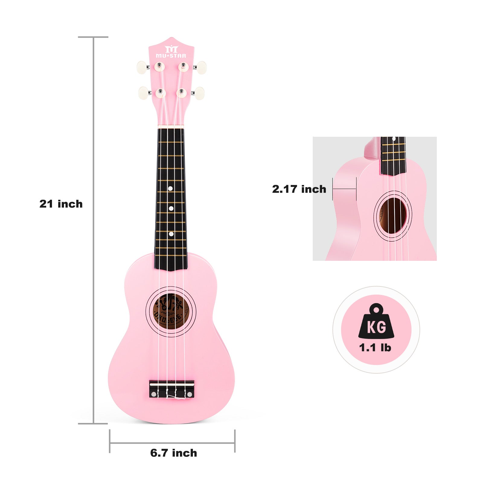 MUSTAR MU-1700, 21 Inch Soprano Ukulele for Beginners Kids Macaron Light Pink