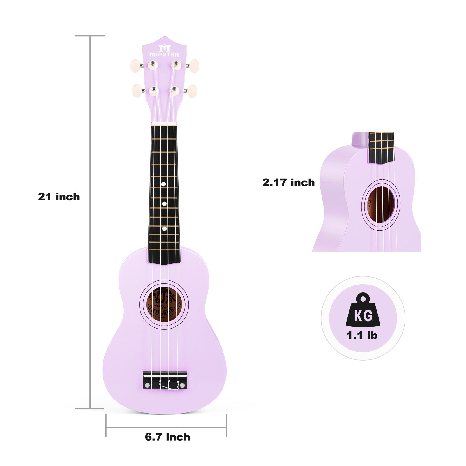 MUSTAR MU-1800, 21 Inch Soprano Ukulele for Beginners Kids Macaron Light purple