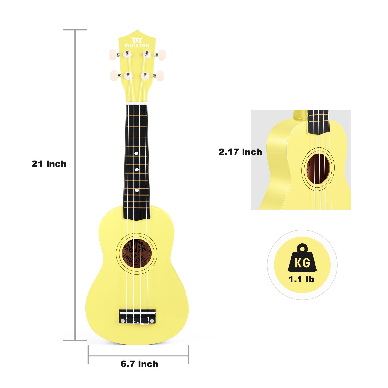 MUSTAR MU-1900, 21 Inch Soprano Ukulele for Beginners Kids Yellow