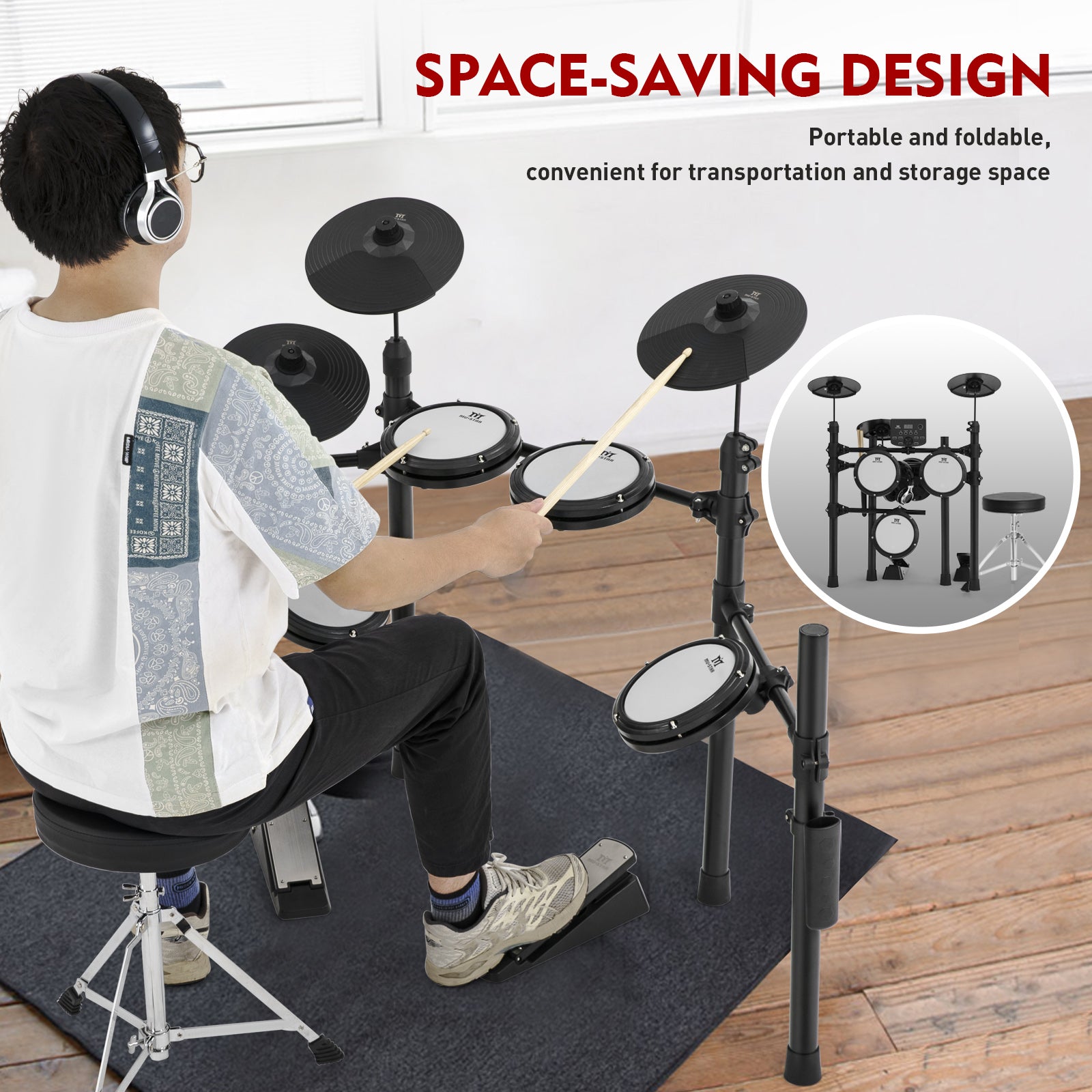MUSTAR MED-400, MUSTAR Electronic Drum Set, Electric Drum Sets for Beginners with Mesh Drum Pads, 10" Cymbals, 2 Pedals, Drum Stool, Headphones, Sticks, USB MIDI Connectivity